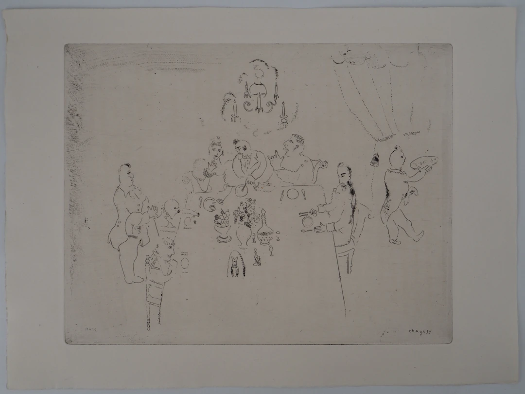 Marc CHAGALL : Repas chez Manilov, Gravure originale signée