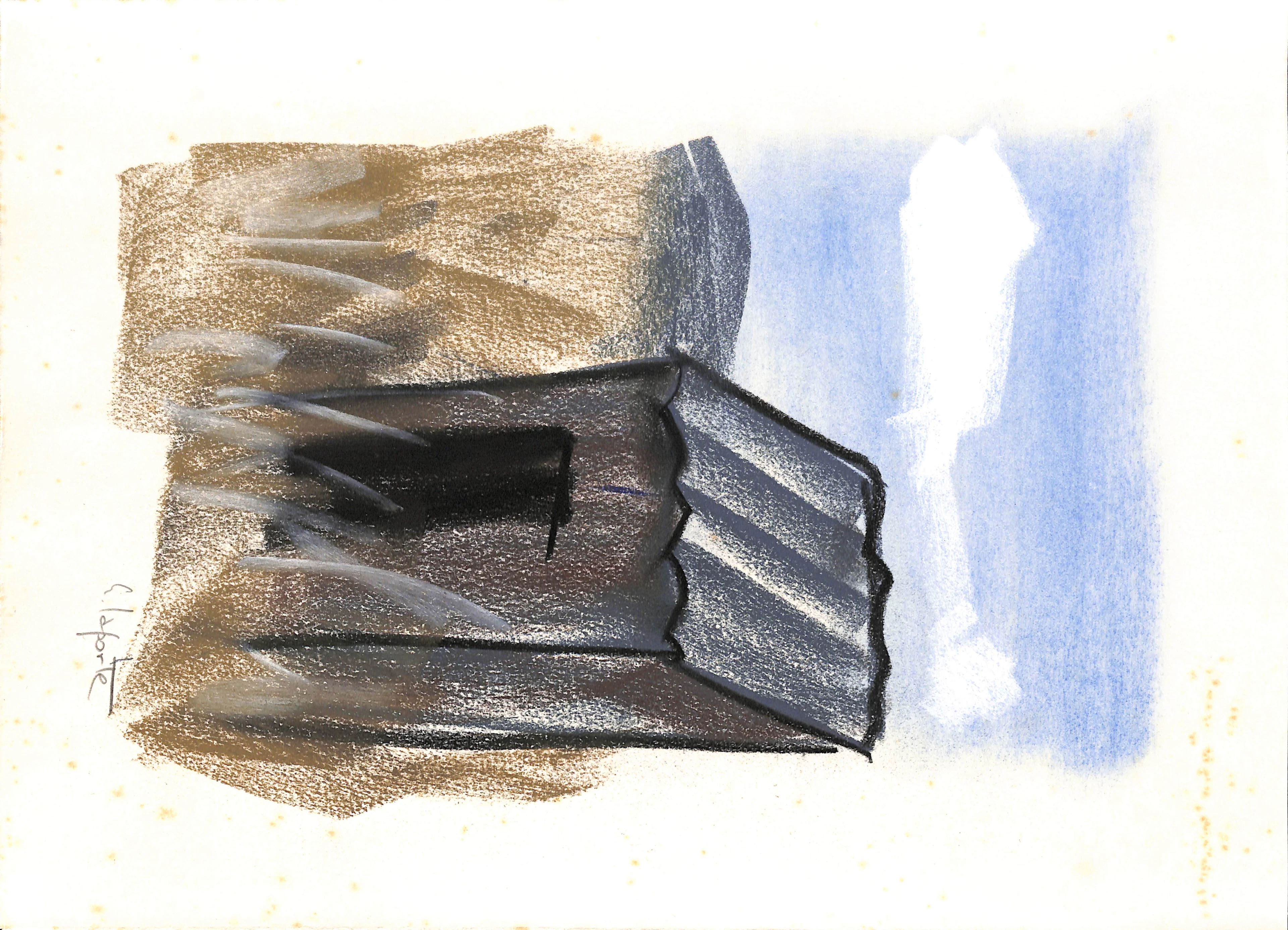 Georges LAPORTE - La petite cabane, 1974 - Dessin original au pastel signé