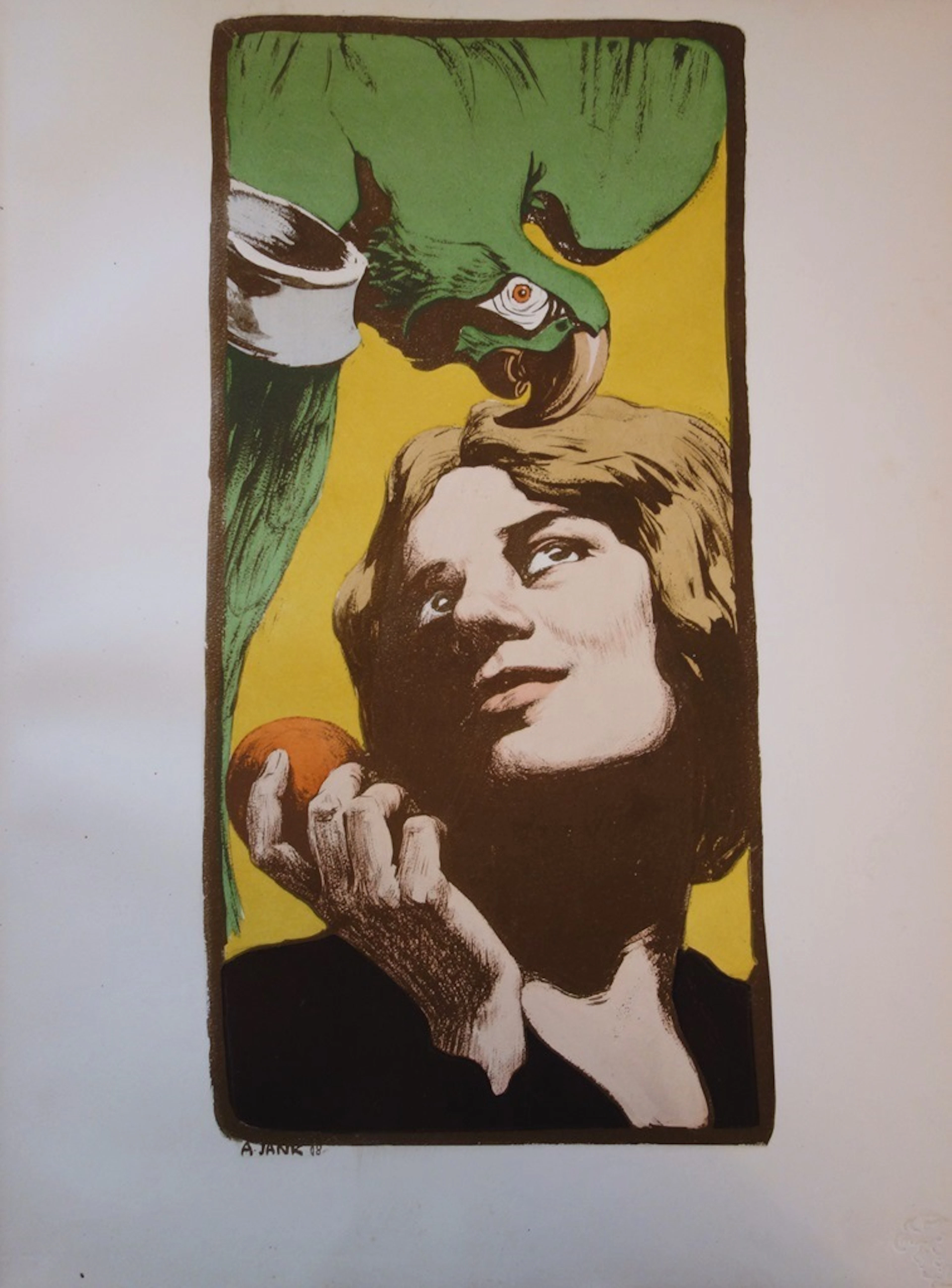 Angelo Jank - La femme au perroquet, Lithographie originale signée (1897