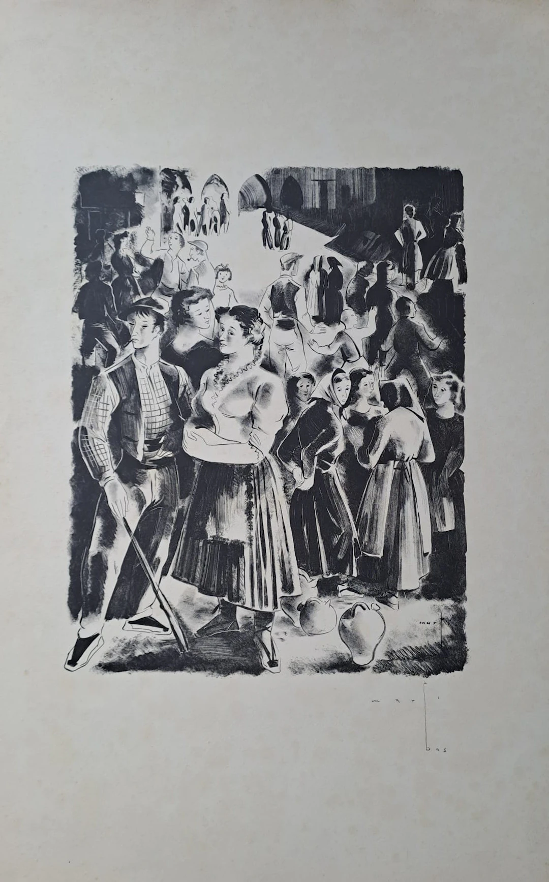 Marte Bas - Place du village - Lithographie, signée