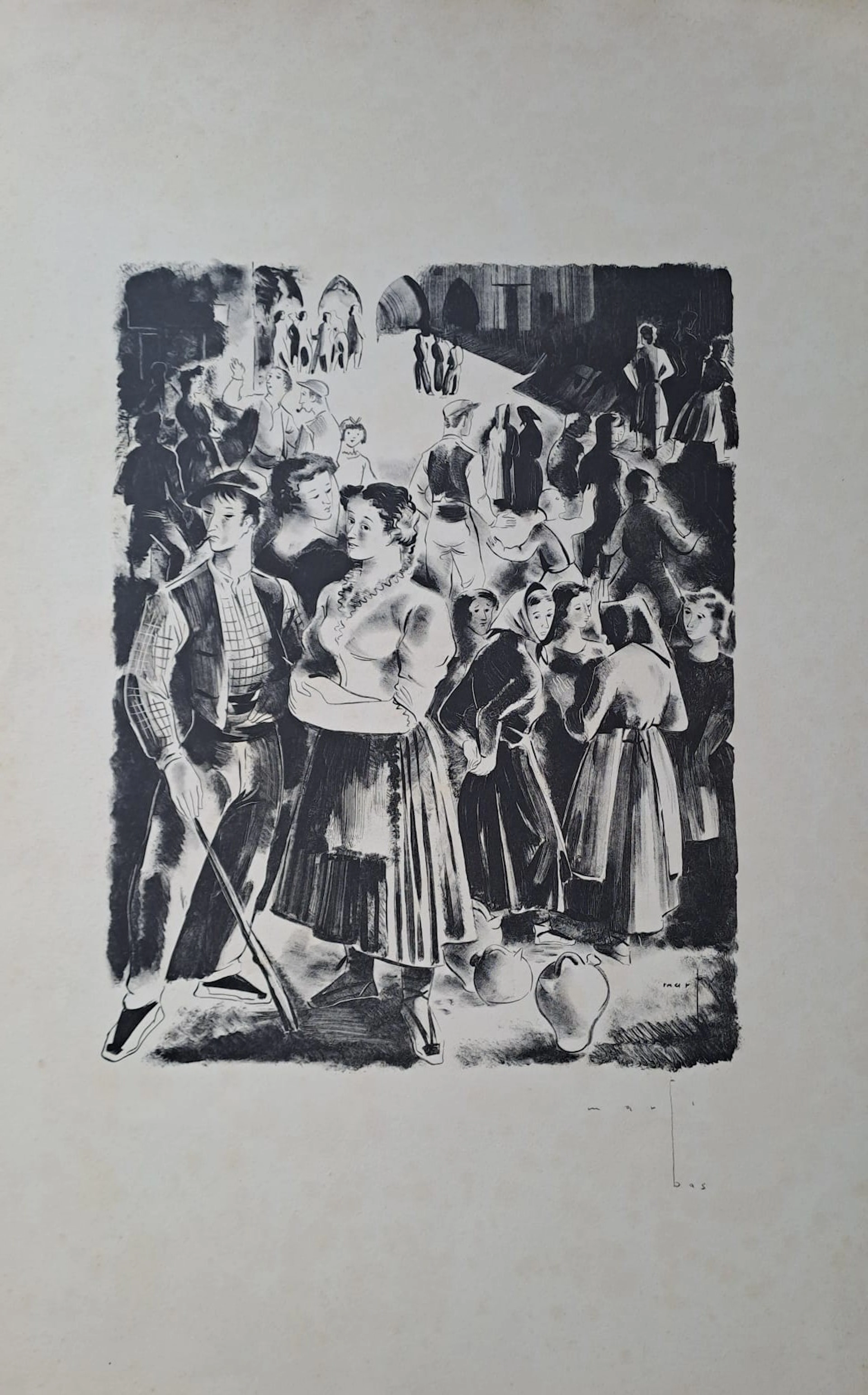 Marte Bas - Place du village - Lithographie, signée