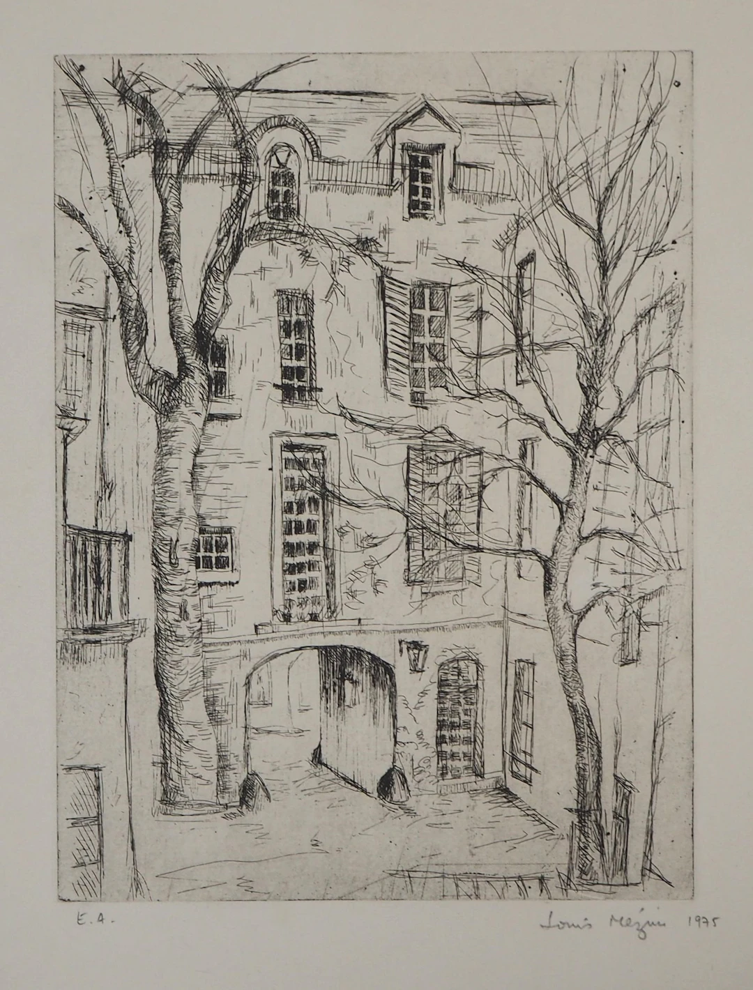 Louis MEZIN : Vieux Paris, Cour d’immeuble, 1975 - Gravure originale signée