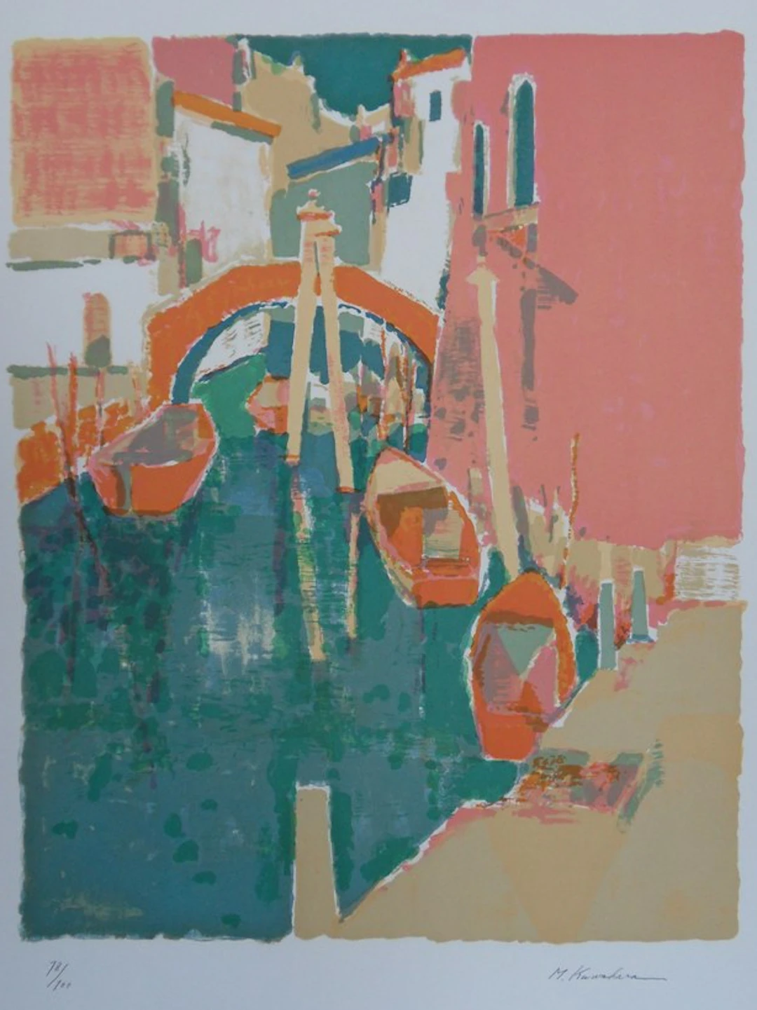 Masaaki KUWAHARA : Les gondoles de Venise - Lithographie originale signée