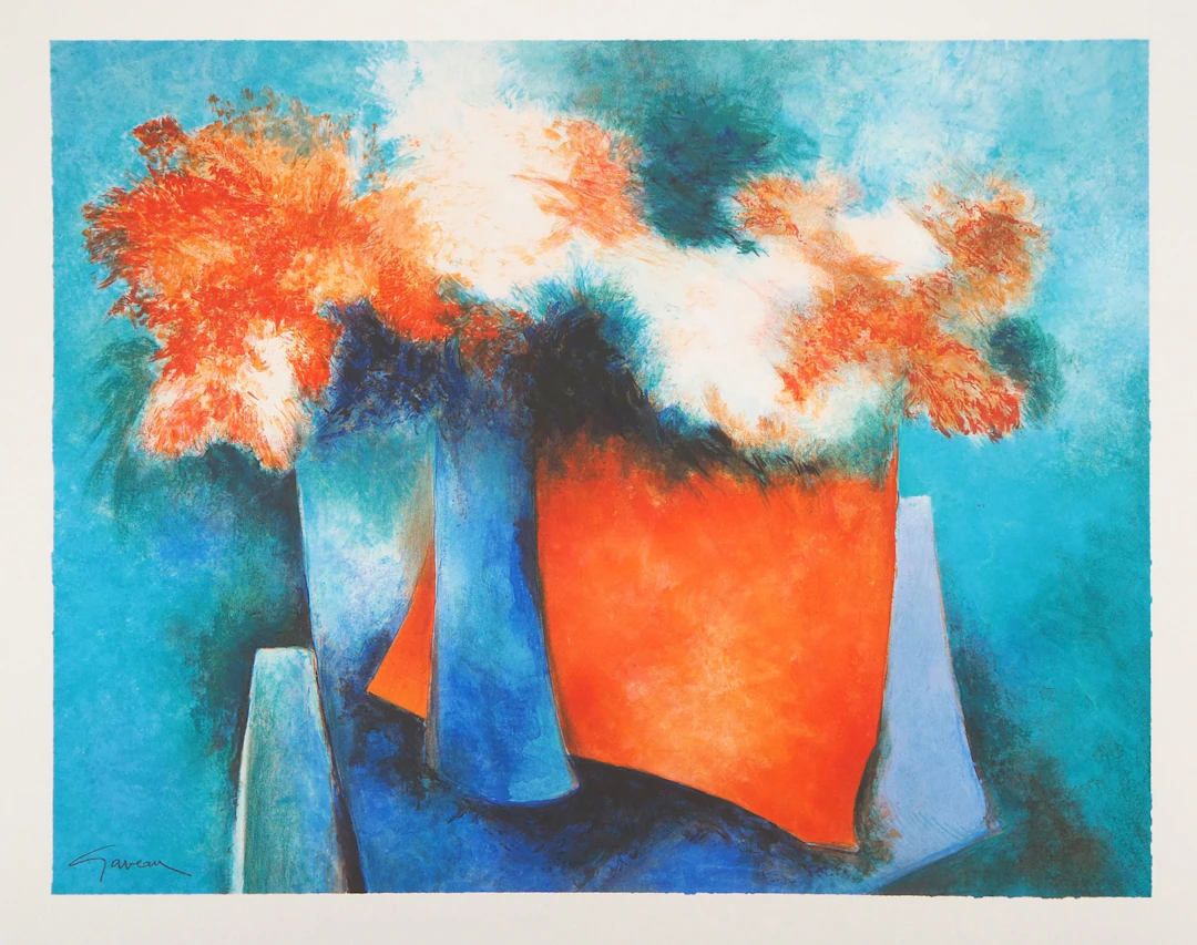 Claude GAVEAU : Bouquet de fleurs - Lithographie originale signée