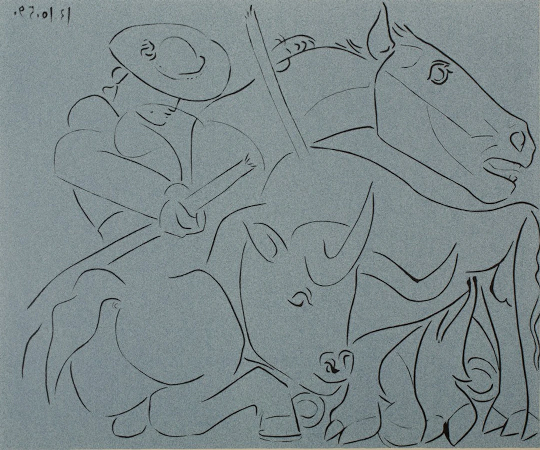 Pablo PICASSO : Taureau désarmant un picador (La pique cassée), Linogravure