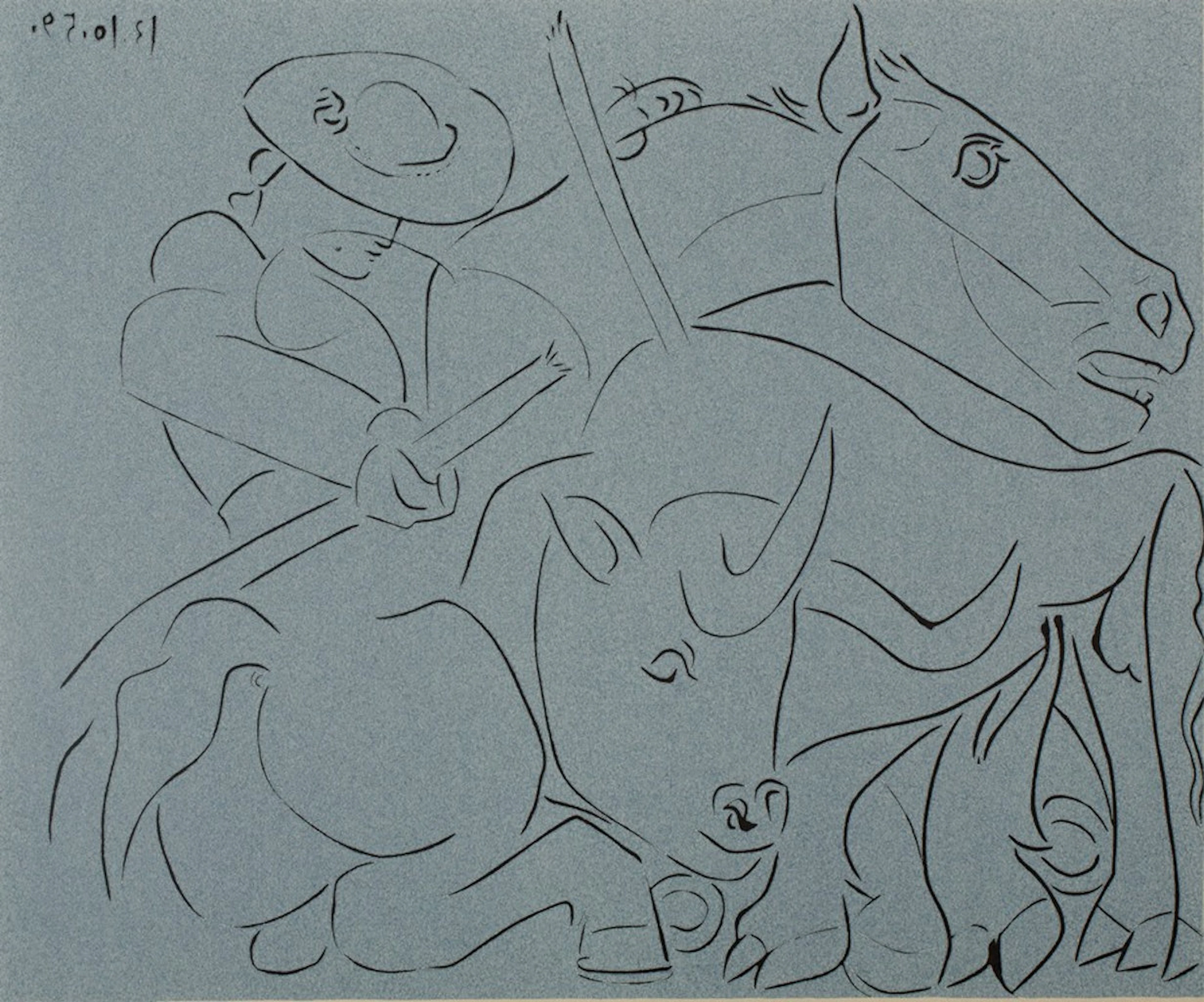 Pablo PICASSO : Taureau désarmant un picador (La pique cassée), Linogravure