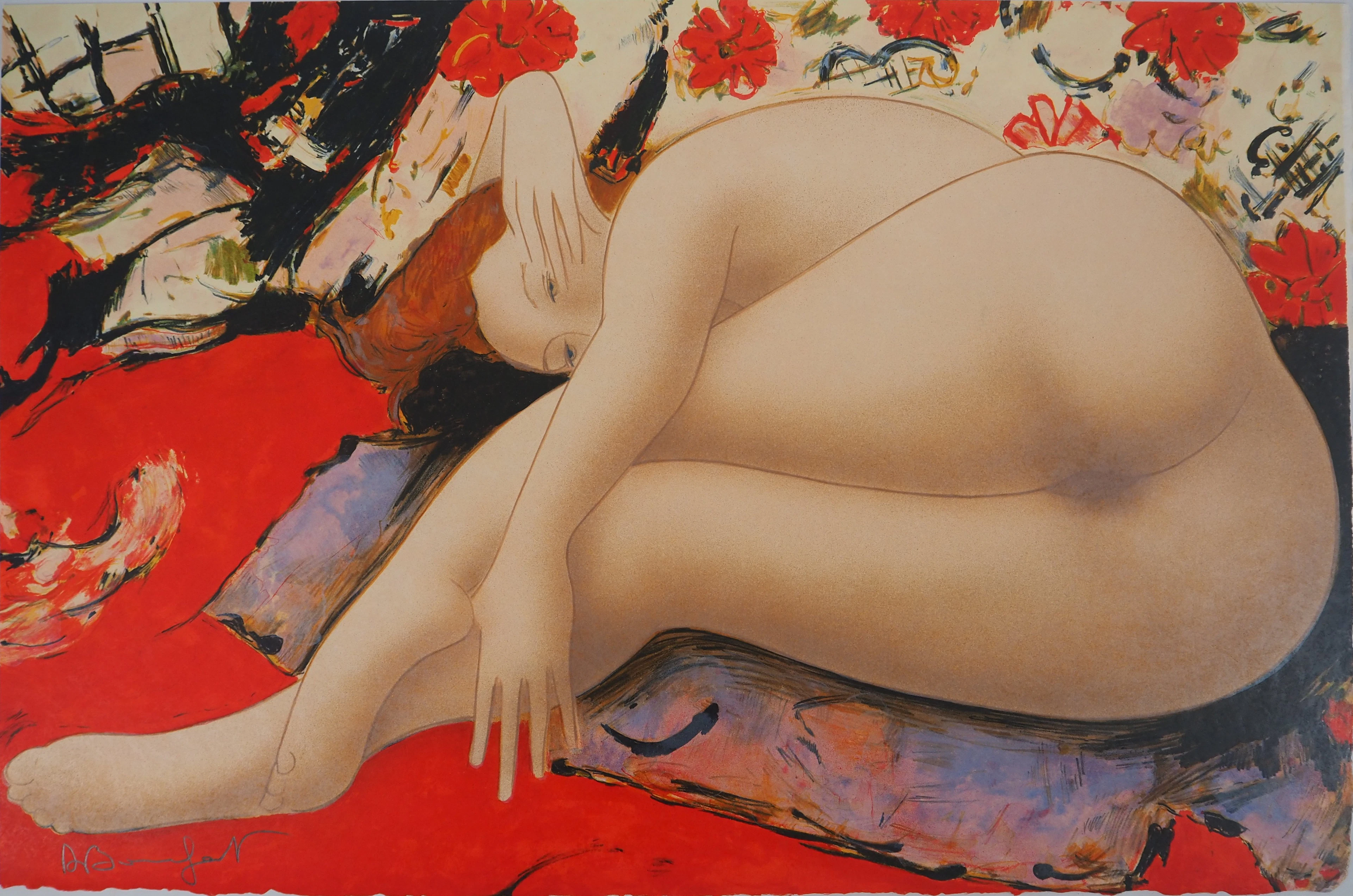 Alain BONNEFOIT : Modèle au fond à fleurs - Lithographie originale signée