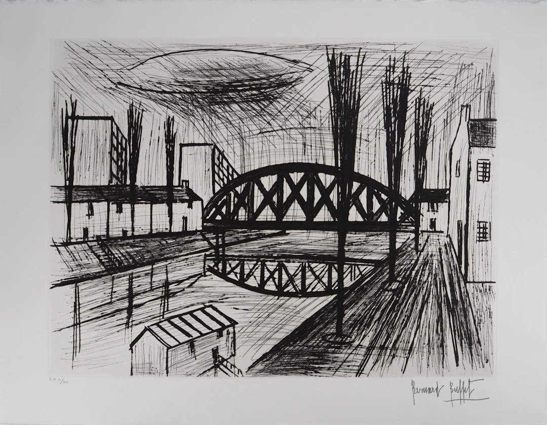 Bernard BUFFET : Bord de canal : le pont métallique, Gravure originale signée