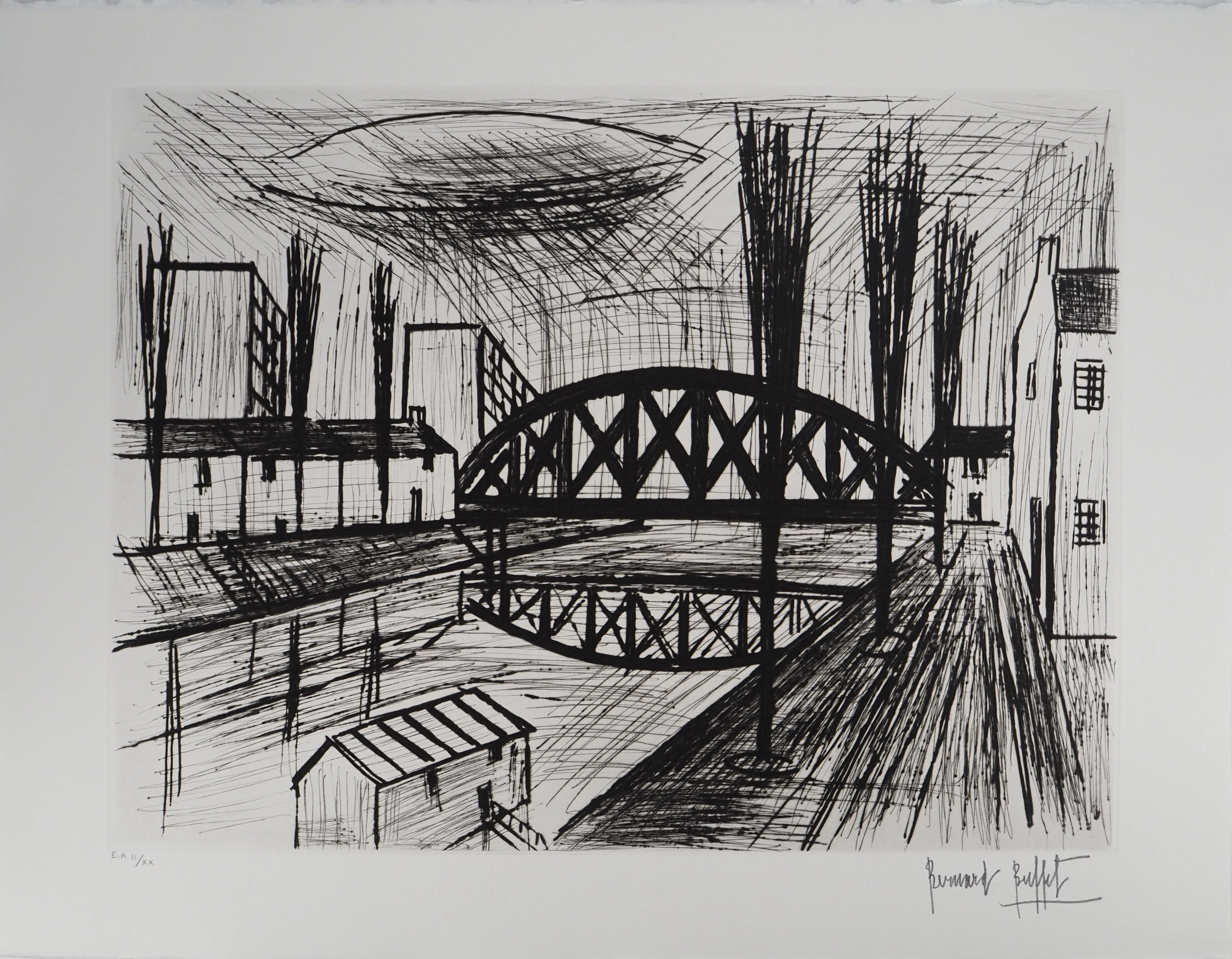 Bernard BUFFET : Bord de canal : le pont métallique, Gravure originale signée