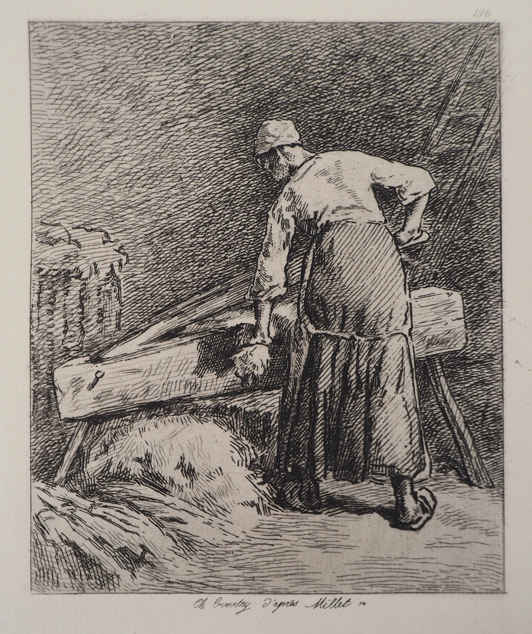 Jean François MILLET (d’après) - Femme qui broie du lin,1873 - Gravure, signée