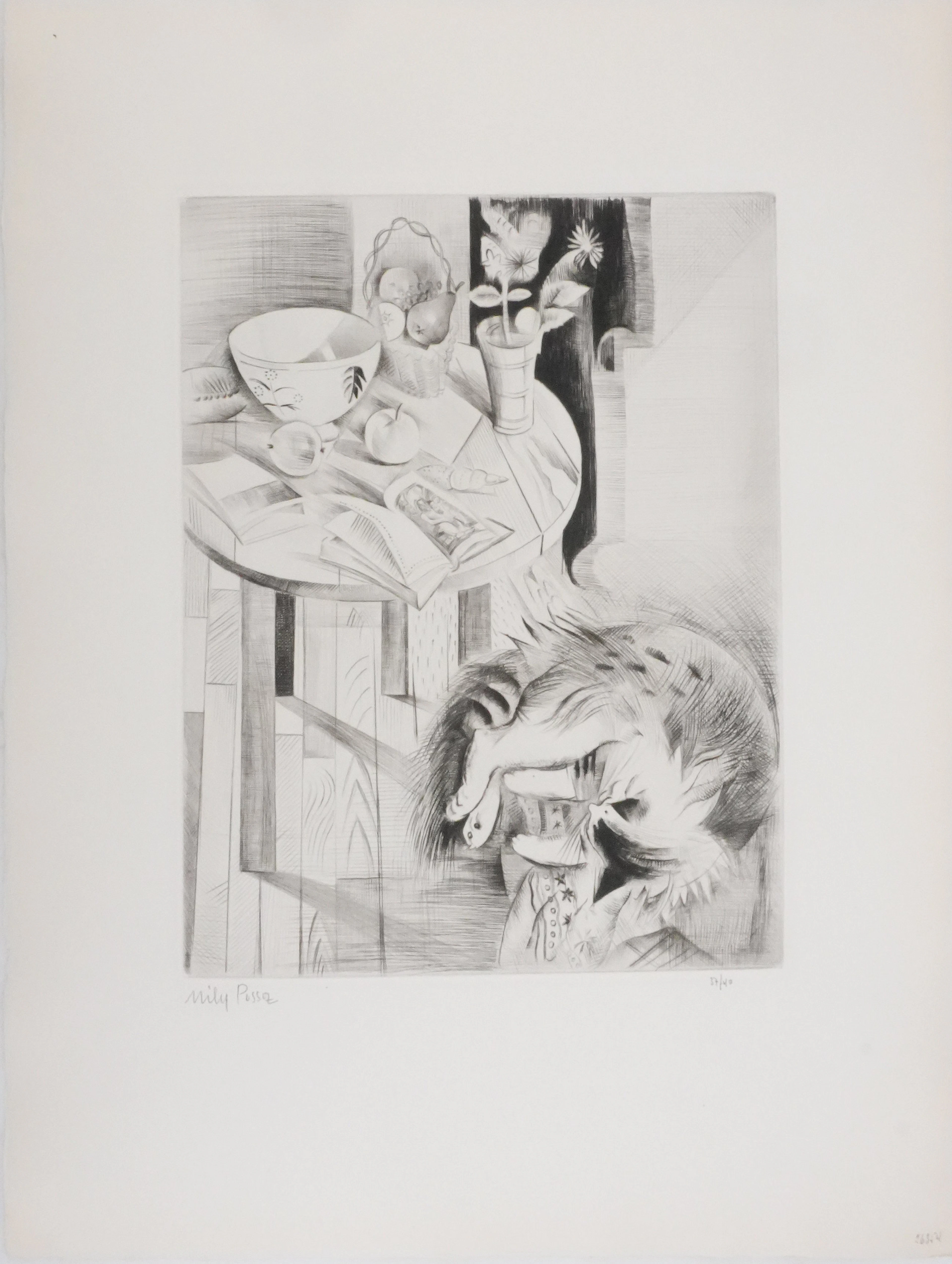 Mily POSSOZ : Le chat sur le tabouret - Gravure originale signée