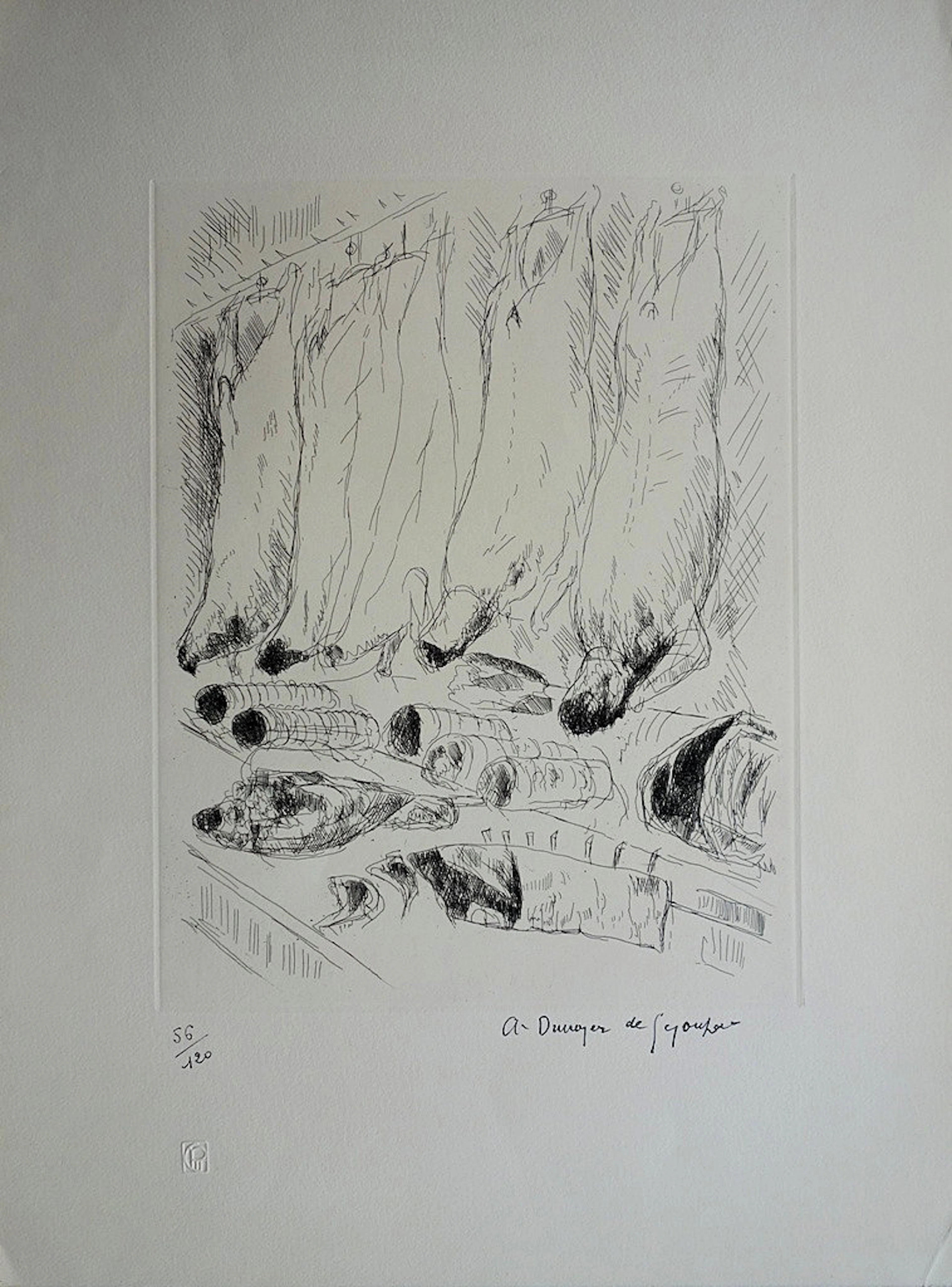 André DUNOYER de SEGONZAC : L’étal du boucher - Gravure originale signée
