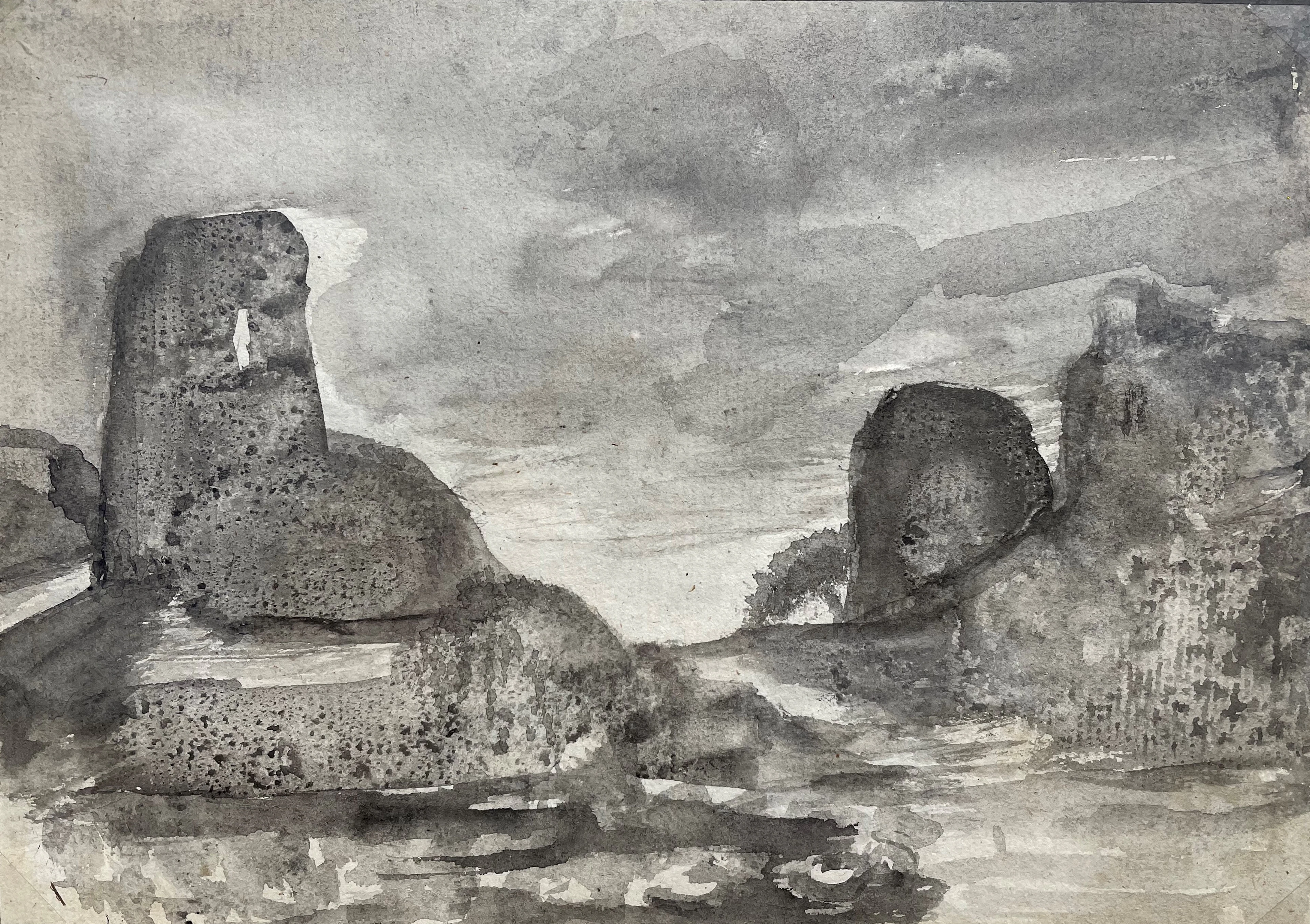 George SAND - Paysage, rochers et ruines - dessin Dendrite aquarellée originale
