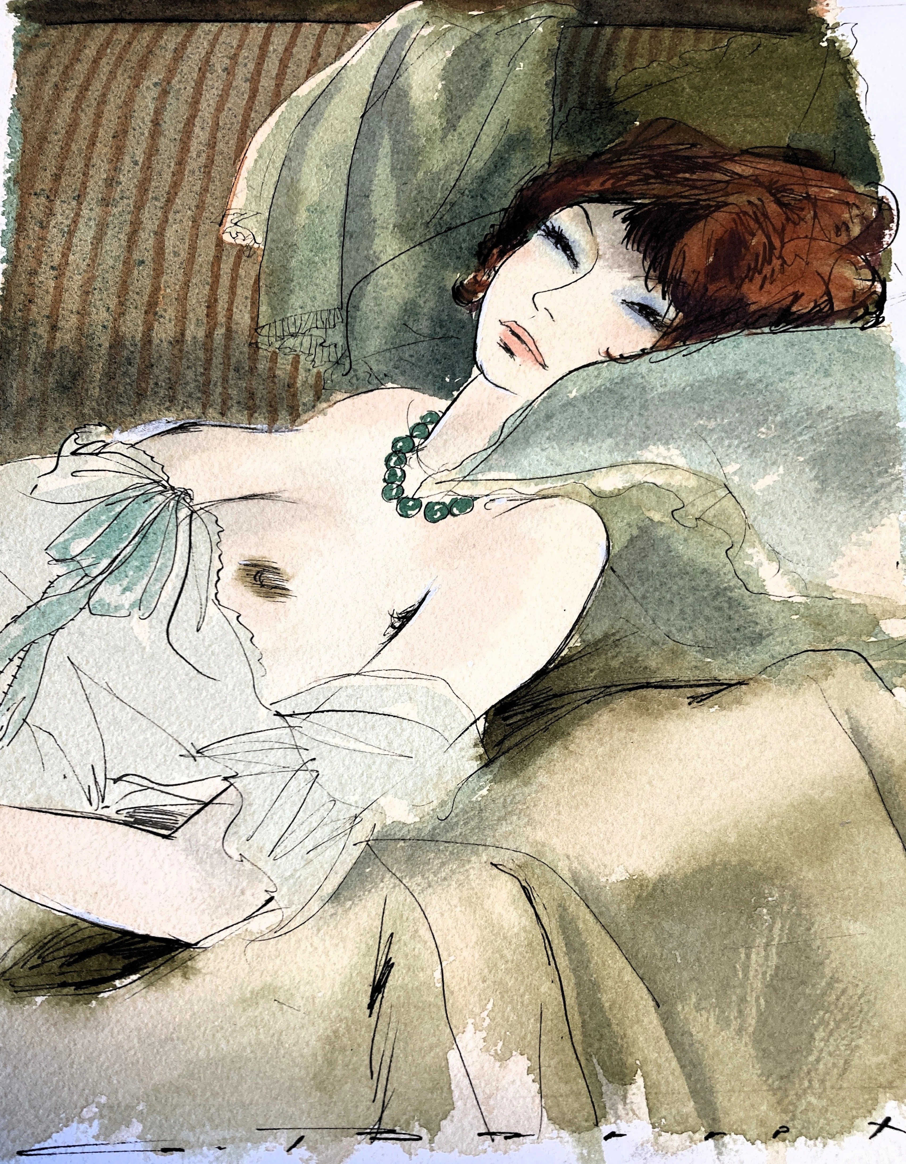 Gaston BARRET - Les lauriers roses, dessin aquarellé