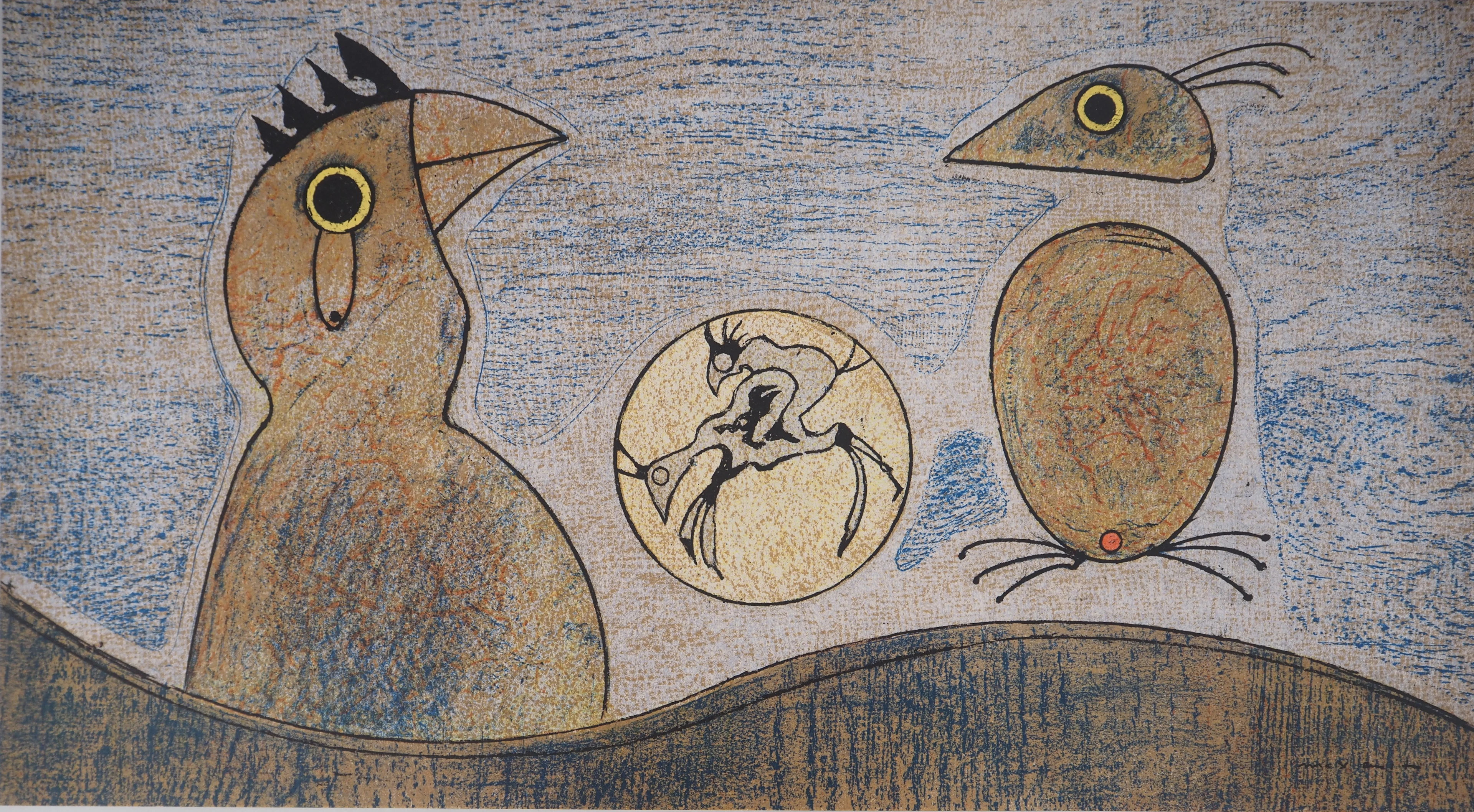 Max Ernst - Rêve surréaliste, les coqs - Lithographie originale signée