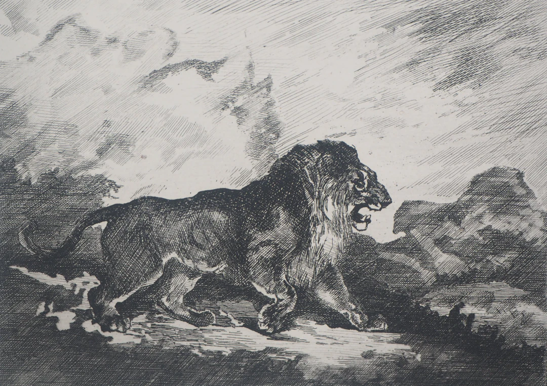 Antoine Louis Barye (d’après) Lion rugissant - Gravure d’après peinture