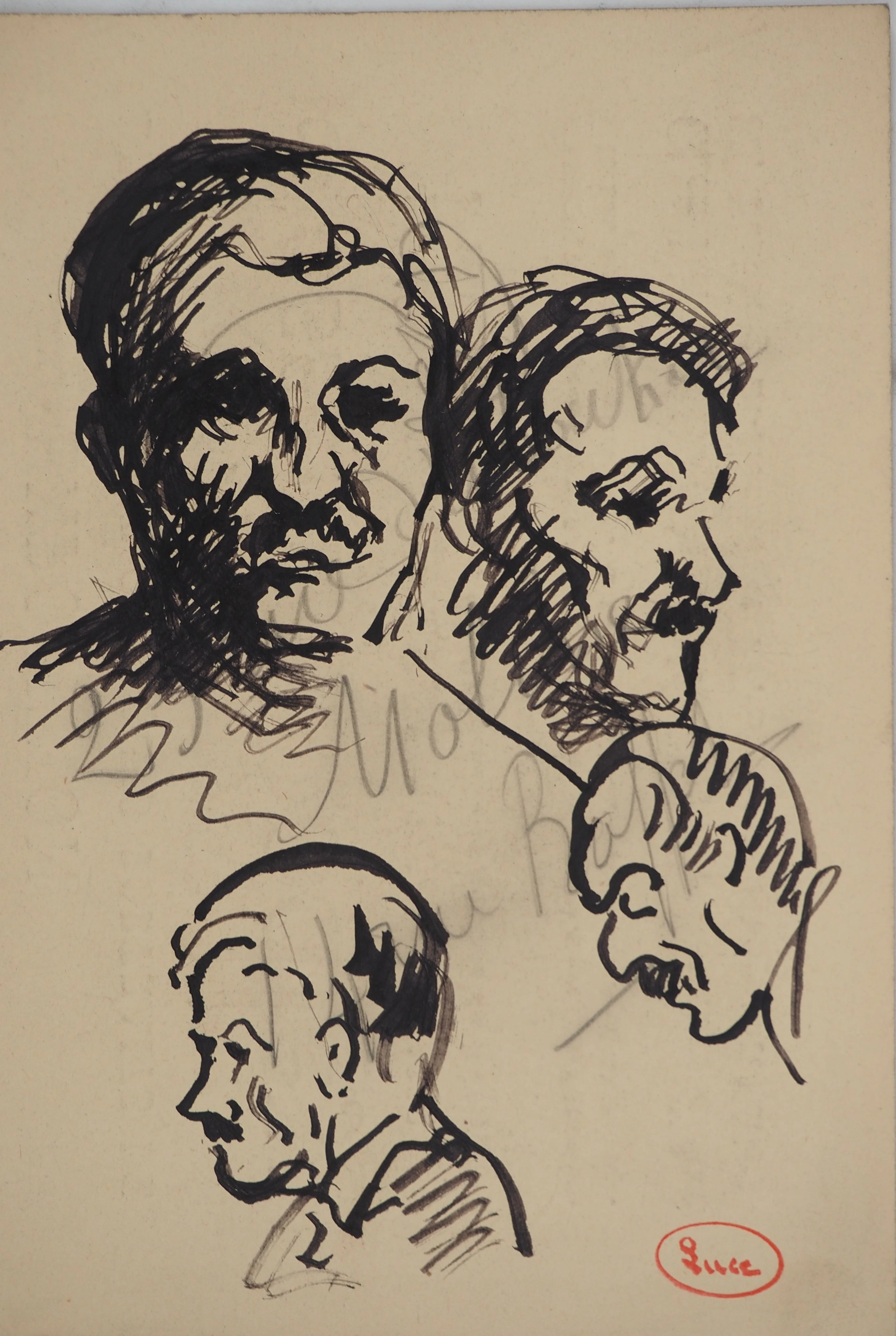 Maximilien LUCE : Etude d'hommes à la moustache, Dessin original signé