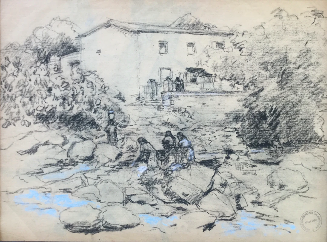 Paul GARIN - Les lavandières ; Maison - Dessins au fusain