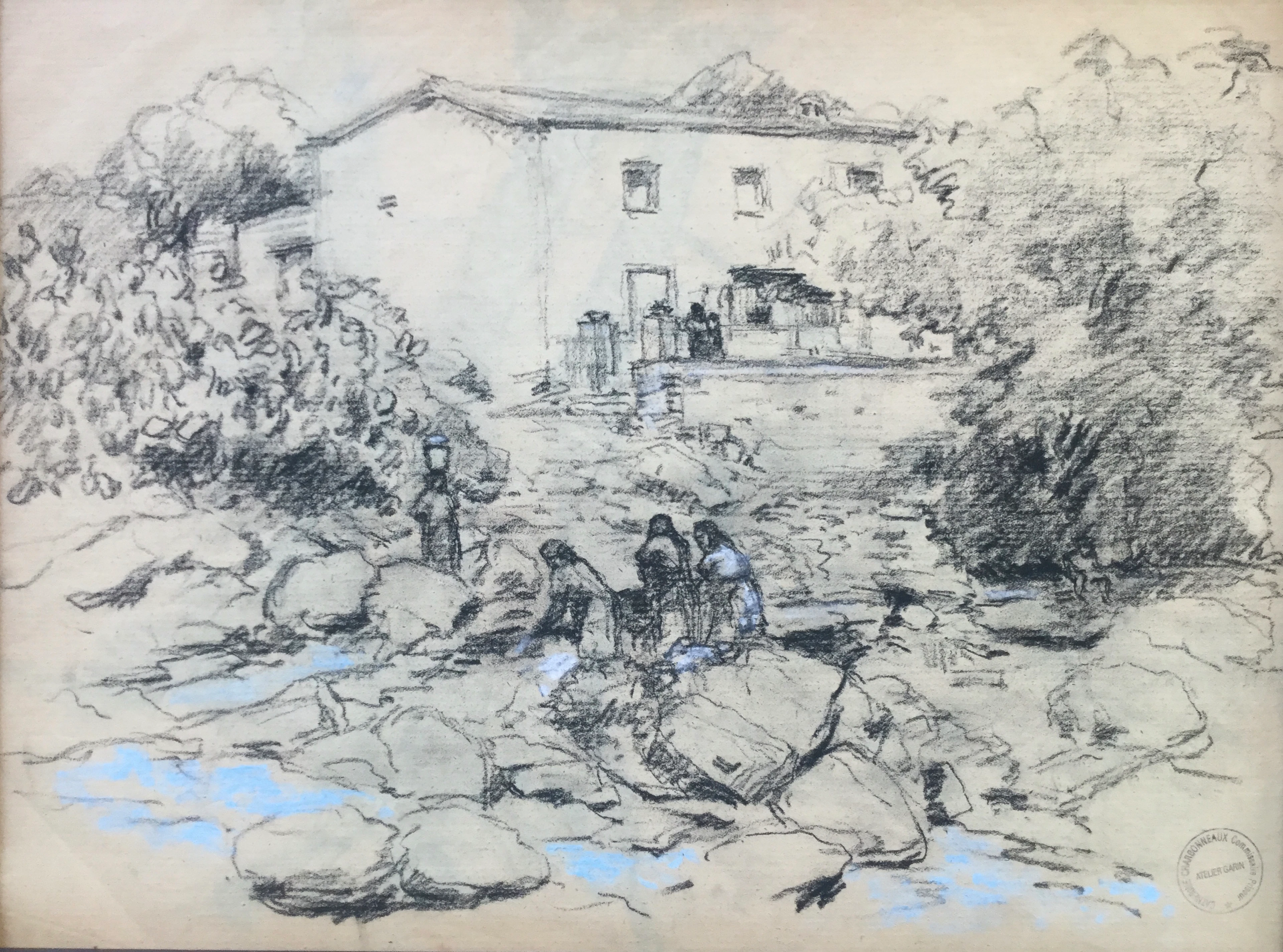 Paul GARIN - Les lavandières ; Maison - Dessins au fusain