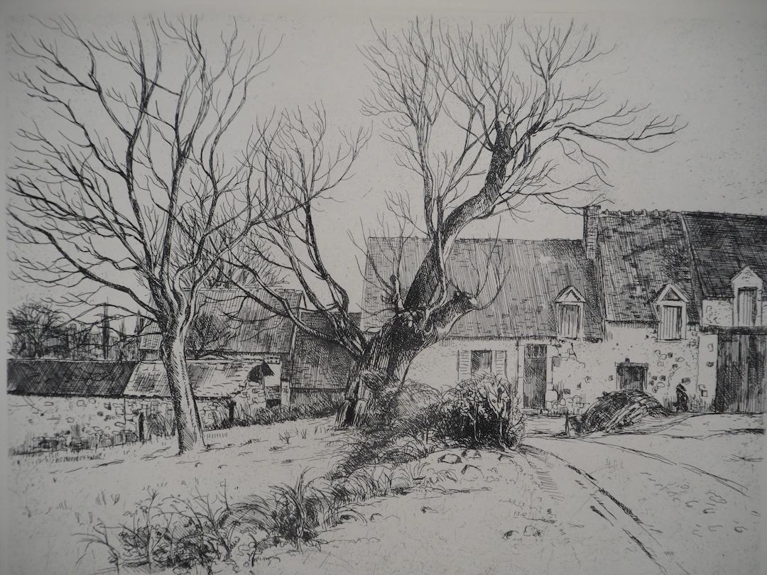 Eugène CORNEAU : La maison aux têtards - Gravure Originale Signée, 1946