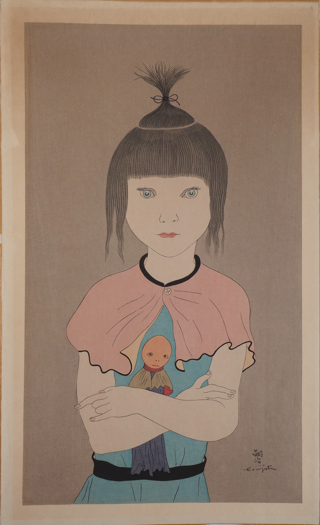 Léonard Tsuguharu FOUJITA : Fillette à la poupée, Gravure originale signée