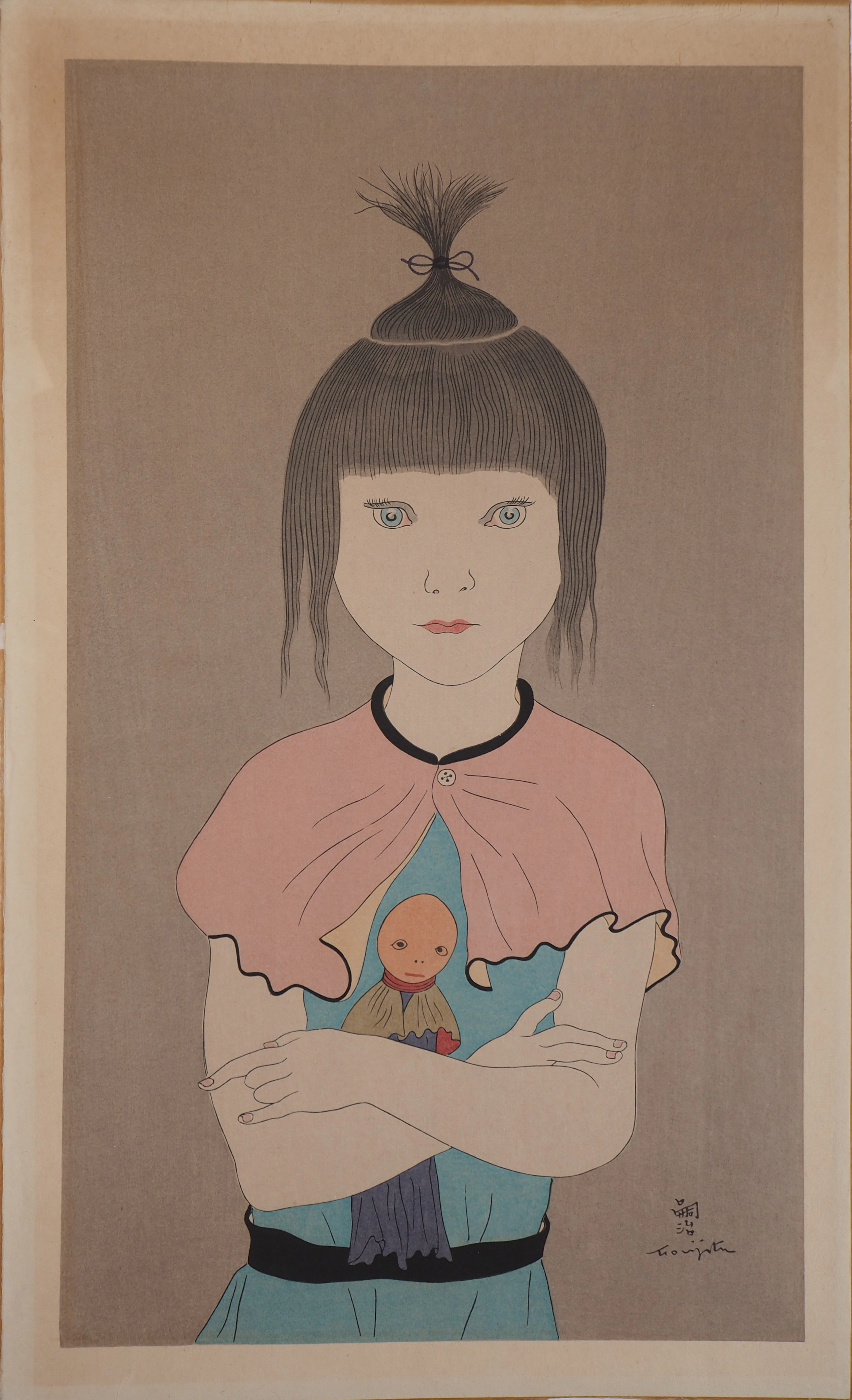 Léonard Tsuguharu FOUJITA : Fillette à la poupée, Gravure originale signée