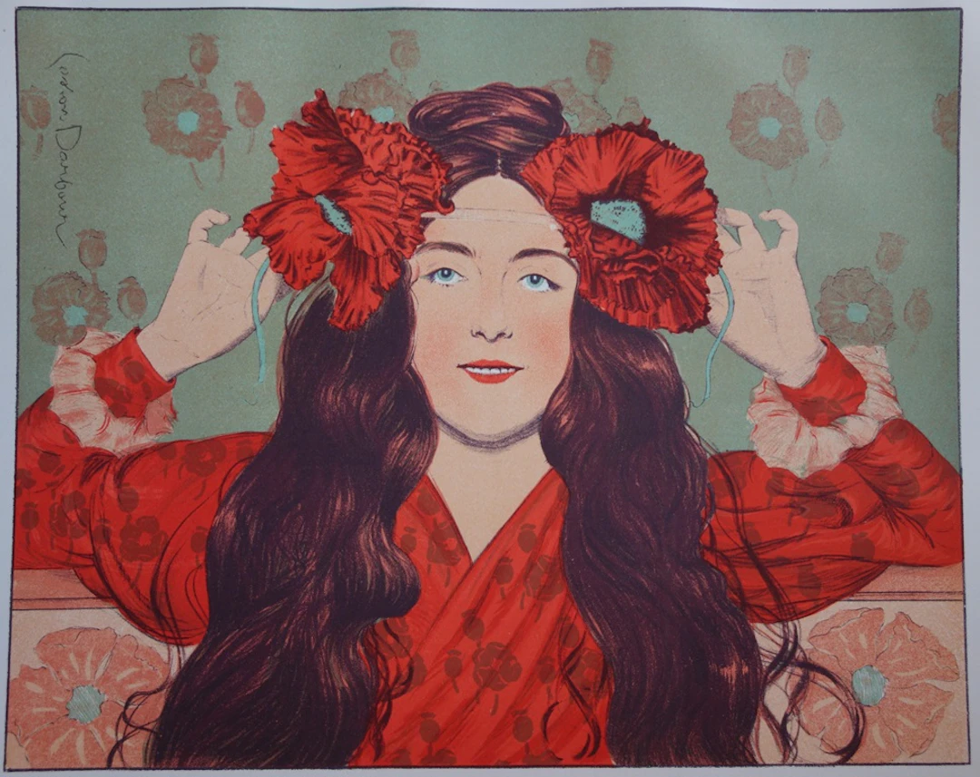Gaston DARBOUR - Jeune fille aux coquelicots , Lithographie originale signée