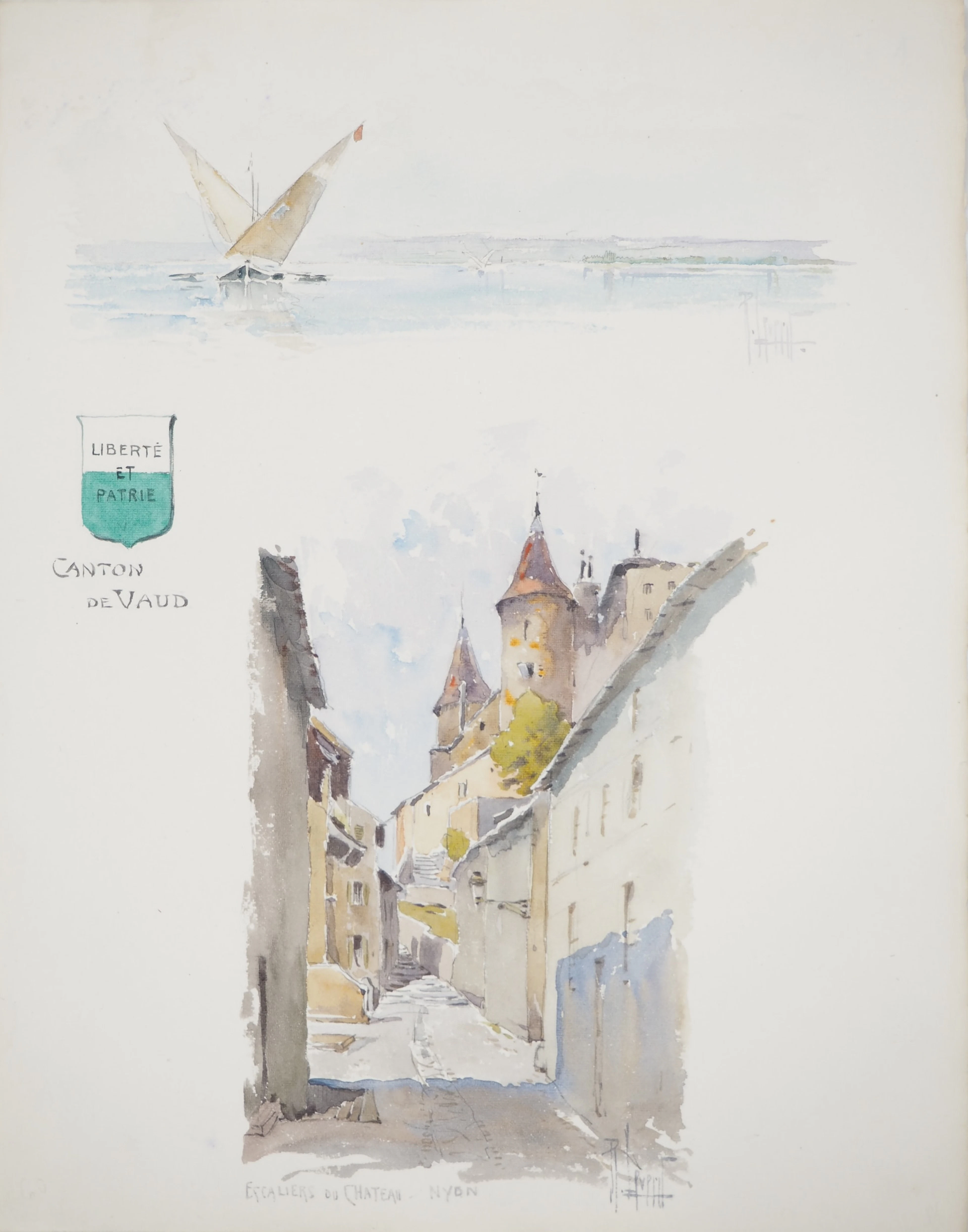 René LEVERD : Suisse, Escaliers du château de Nyon, Aquarelle originale signée
