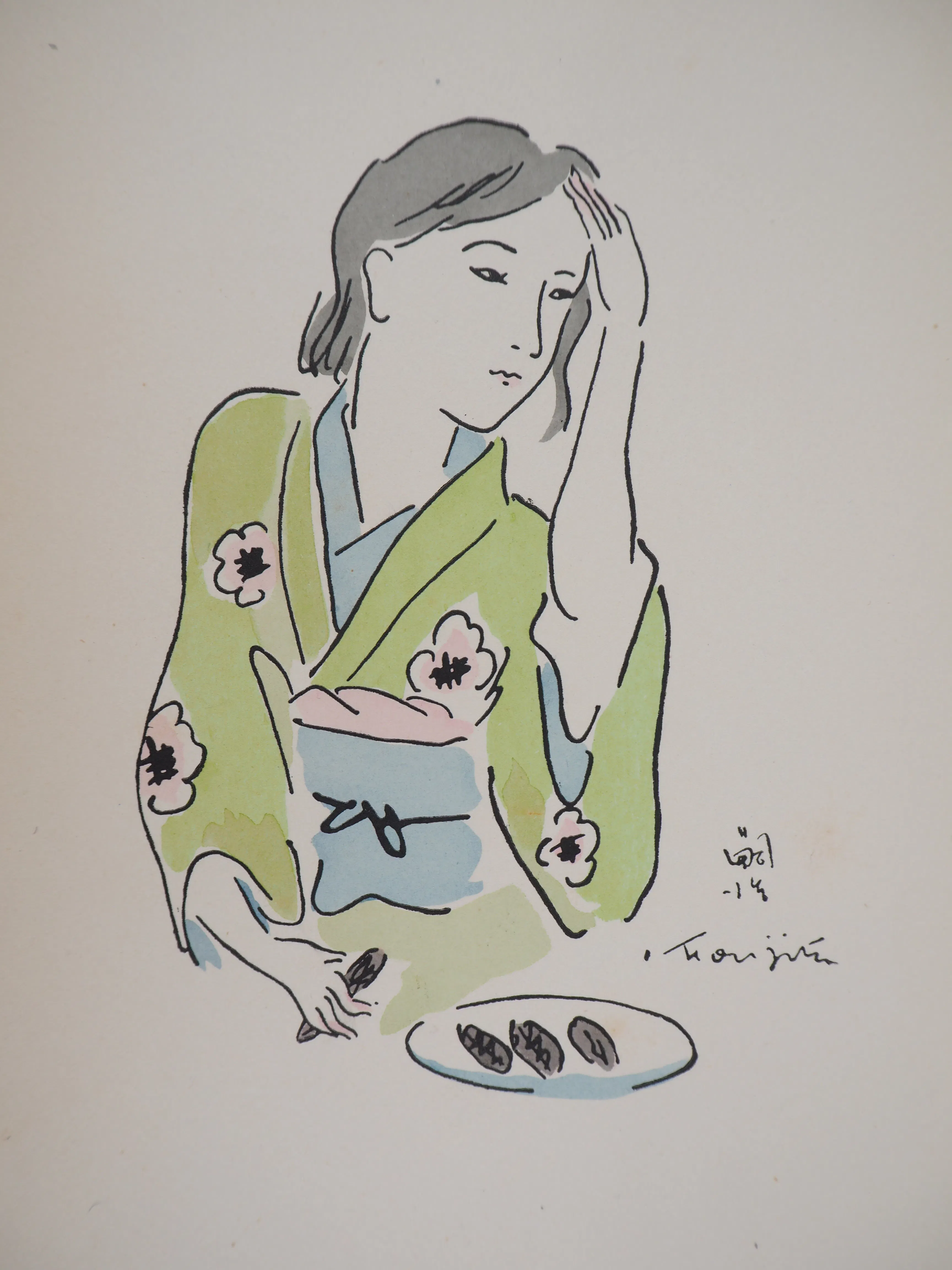 Tsuguharu FOUJITA - Femme en kimono se coiffant - Gravure originale, Signée