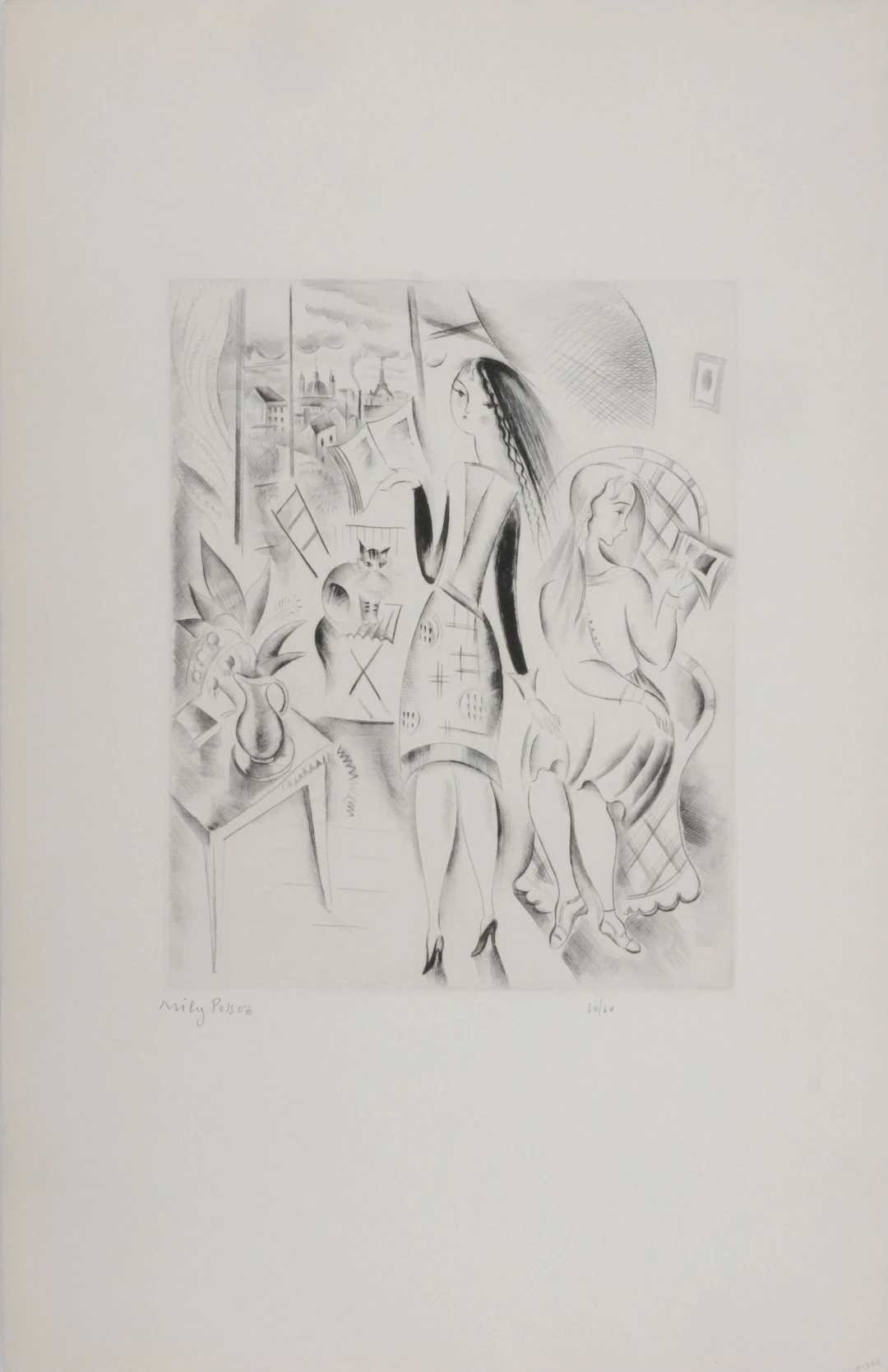 Mily POSSOZ : La leçon à la fenêtre - Gravure originale signée