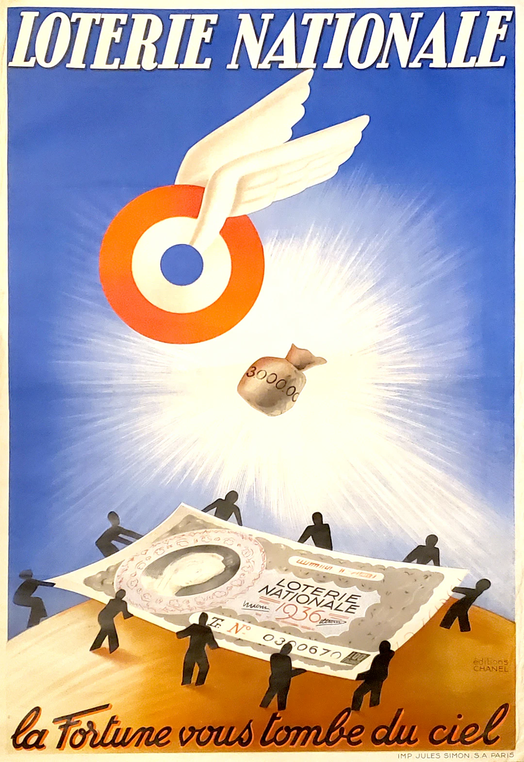 Affiche publicitaire, Loterie Nationale, La Fortune vous tombe du ciel, 1936