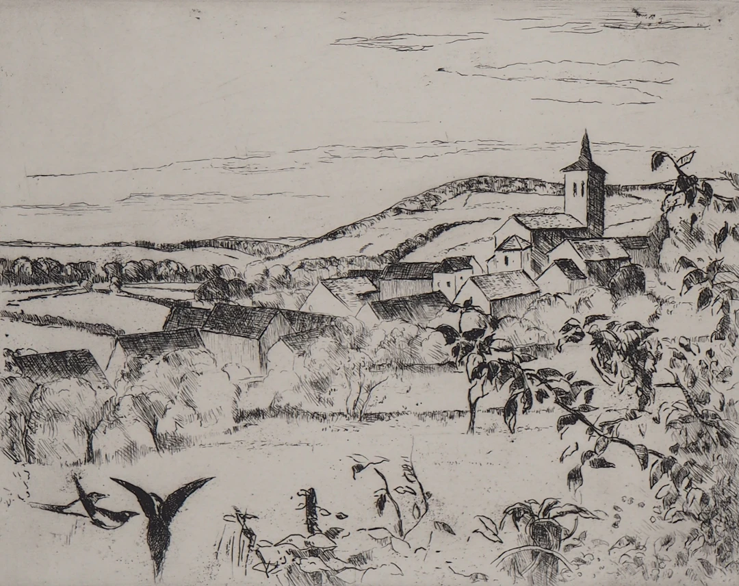 Eugene Corneau - Village dans les collines - Gravure originale signée