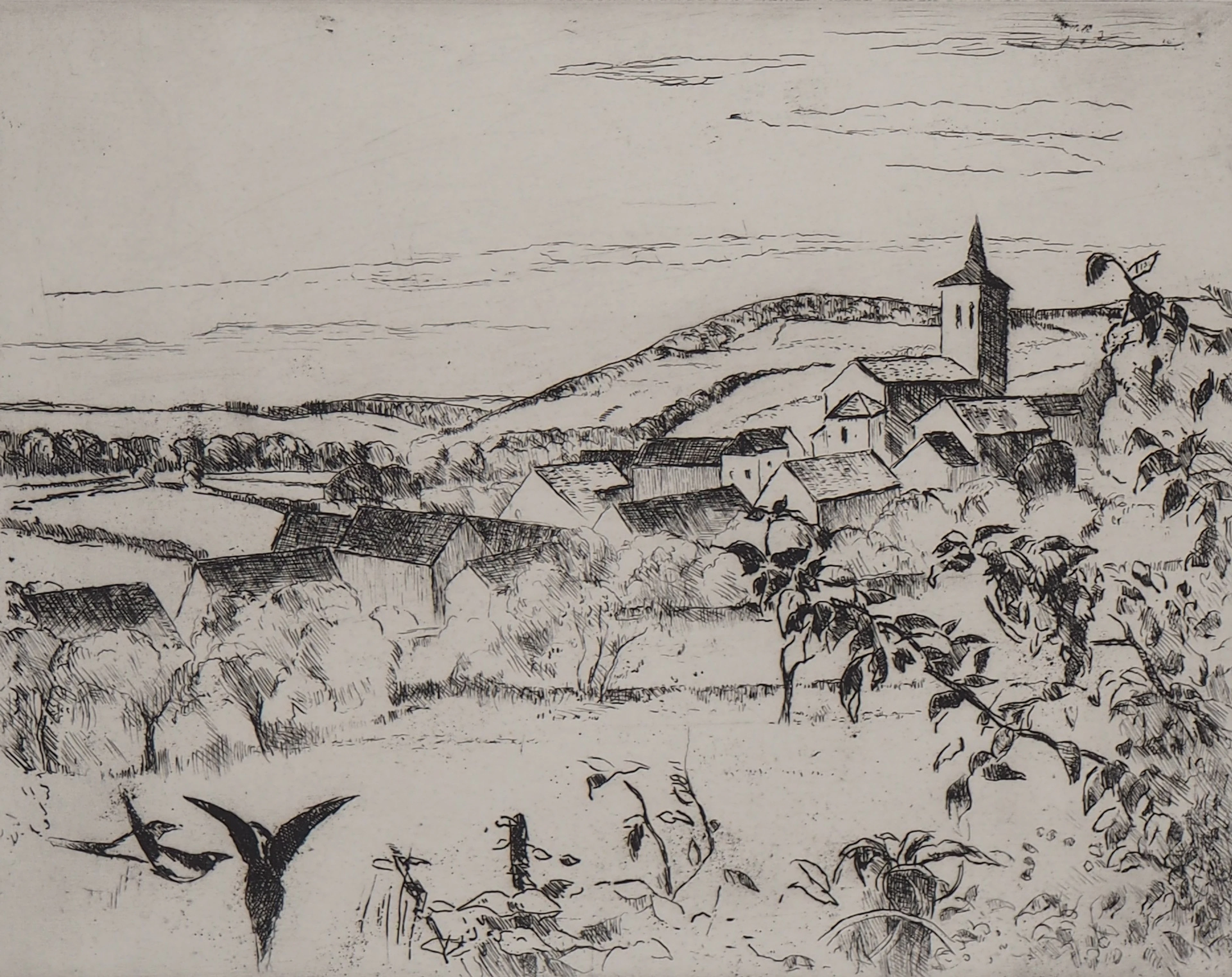 Eugene Corneau - Village dans les collines - Gravure originale signée
