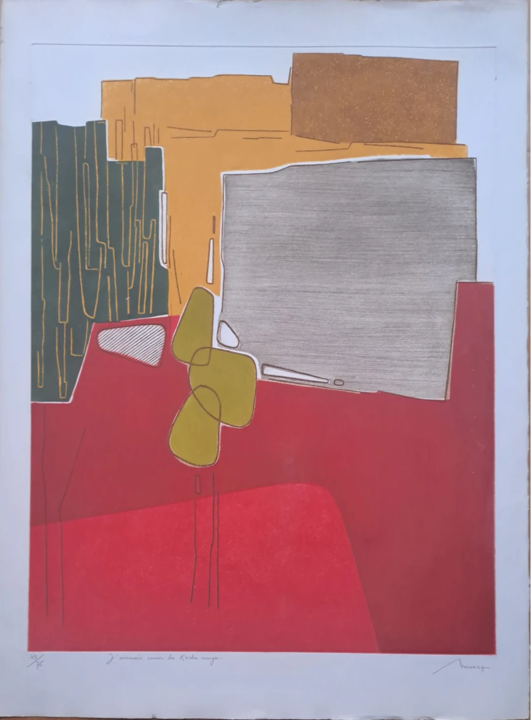 Bernard Munch - Composition rouge - Lithographie originale, gaufrée