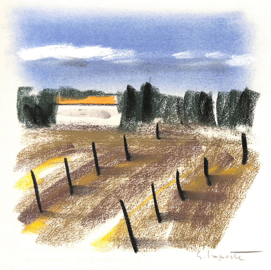 Georges LAPORTE - Champs bordés de cyprès, 1974 - Dessin original