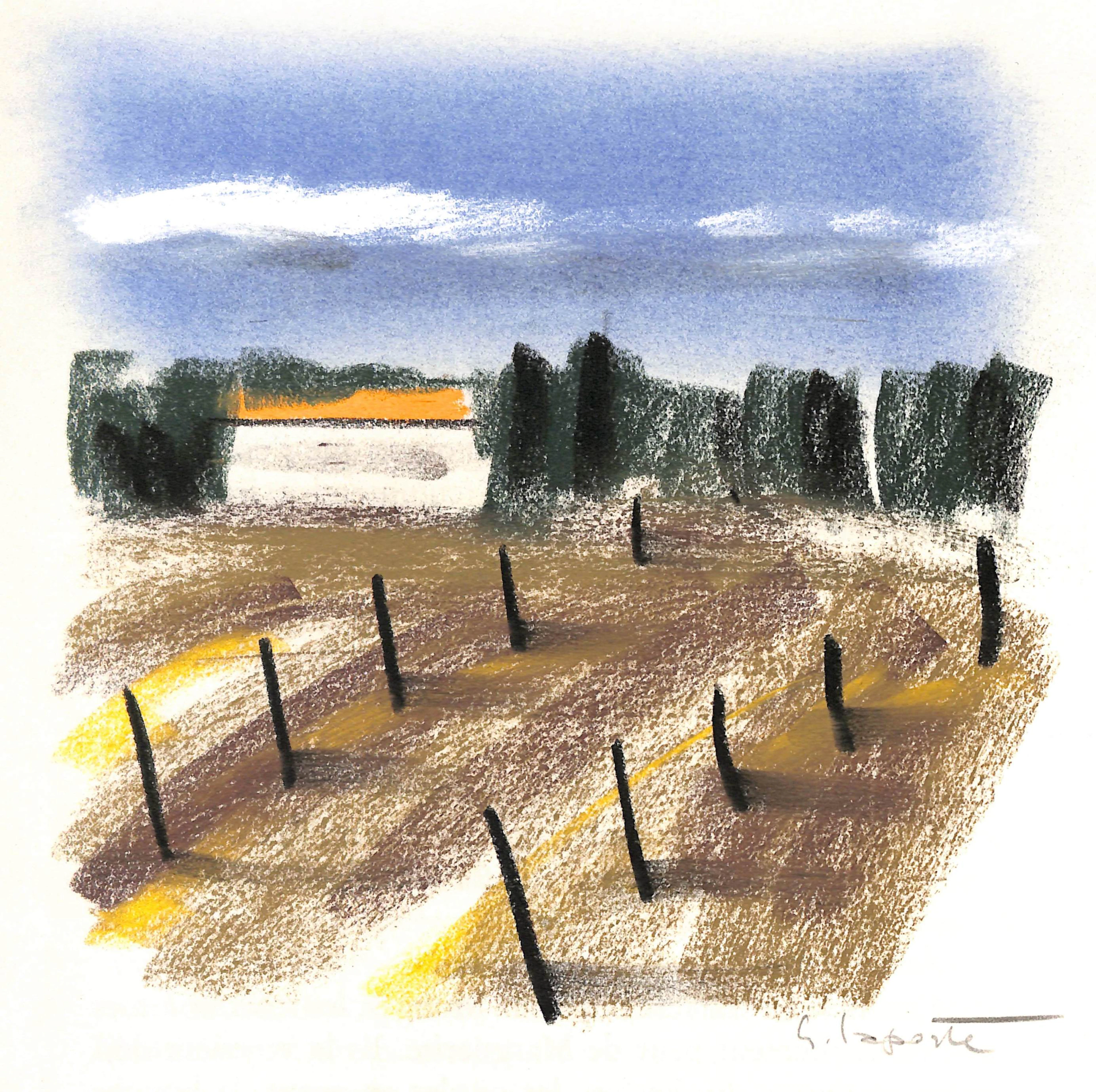 Georges LAPORTE - Champs bordés de cyprès, 1974 - Dessin original