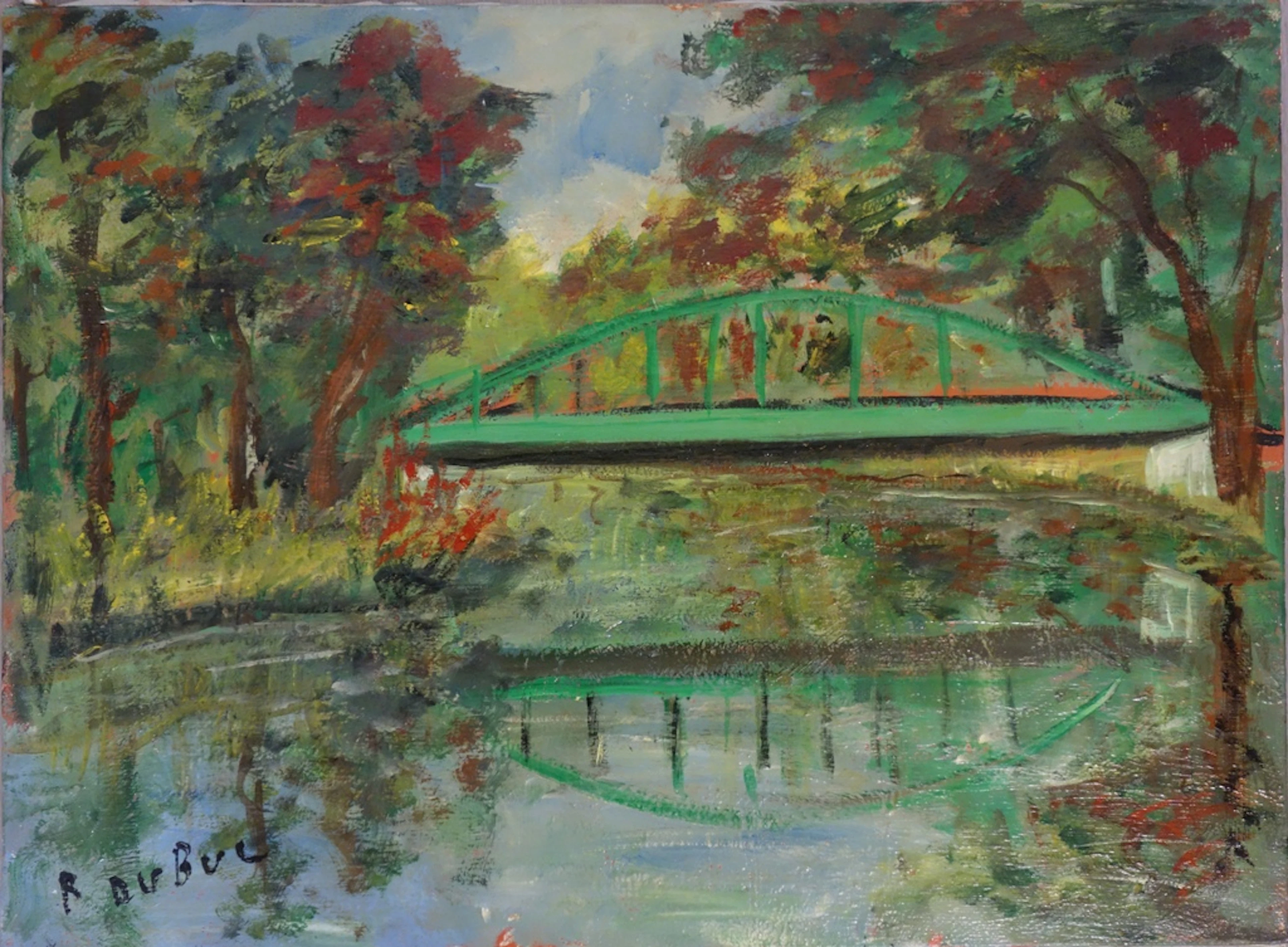 Roland DUBUC : Le pont vert - Huile sur toile Signée