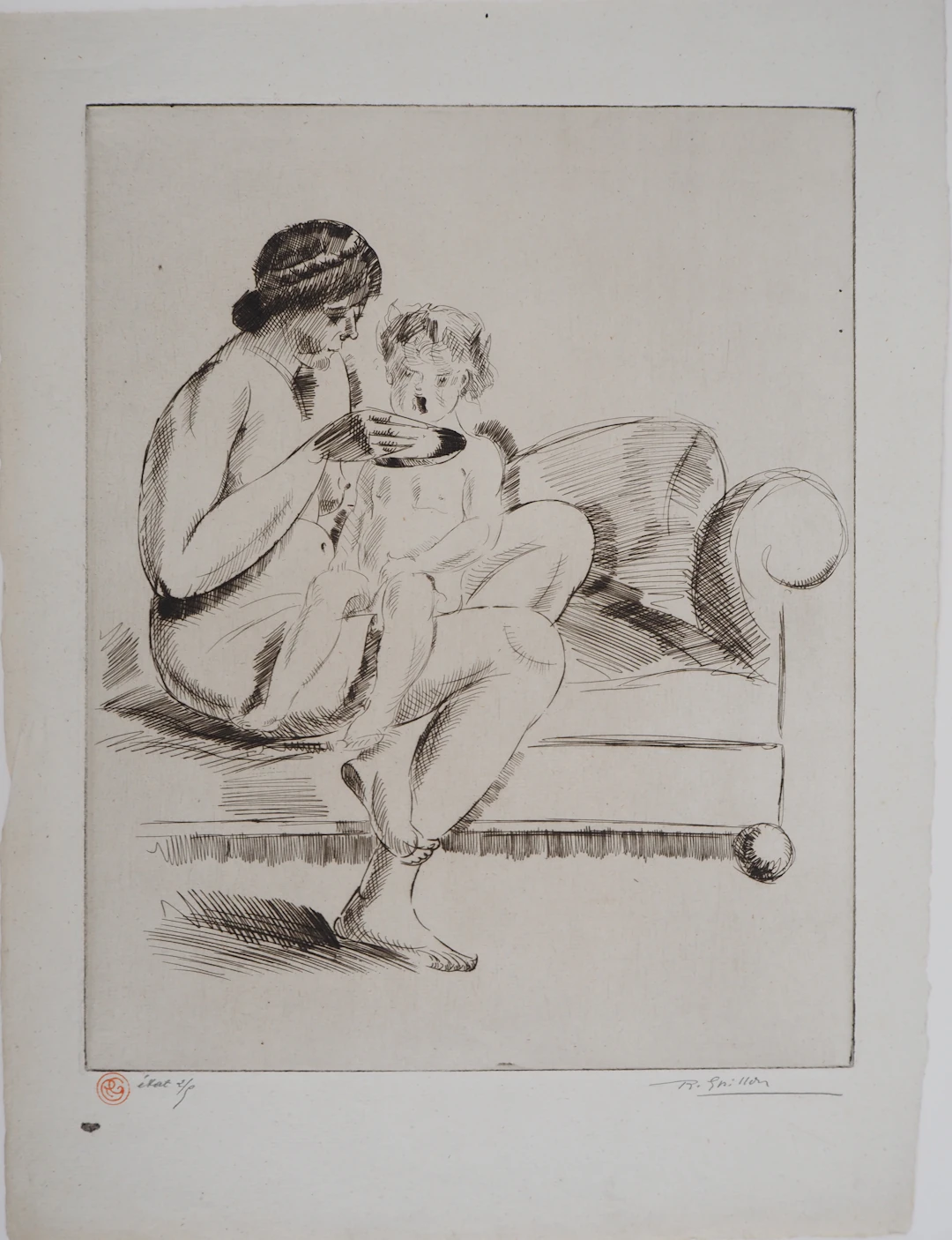 Roger GRILLON - Maternité, vers 1930 - Gravure originale, signée