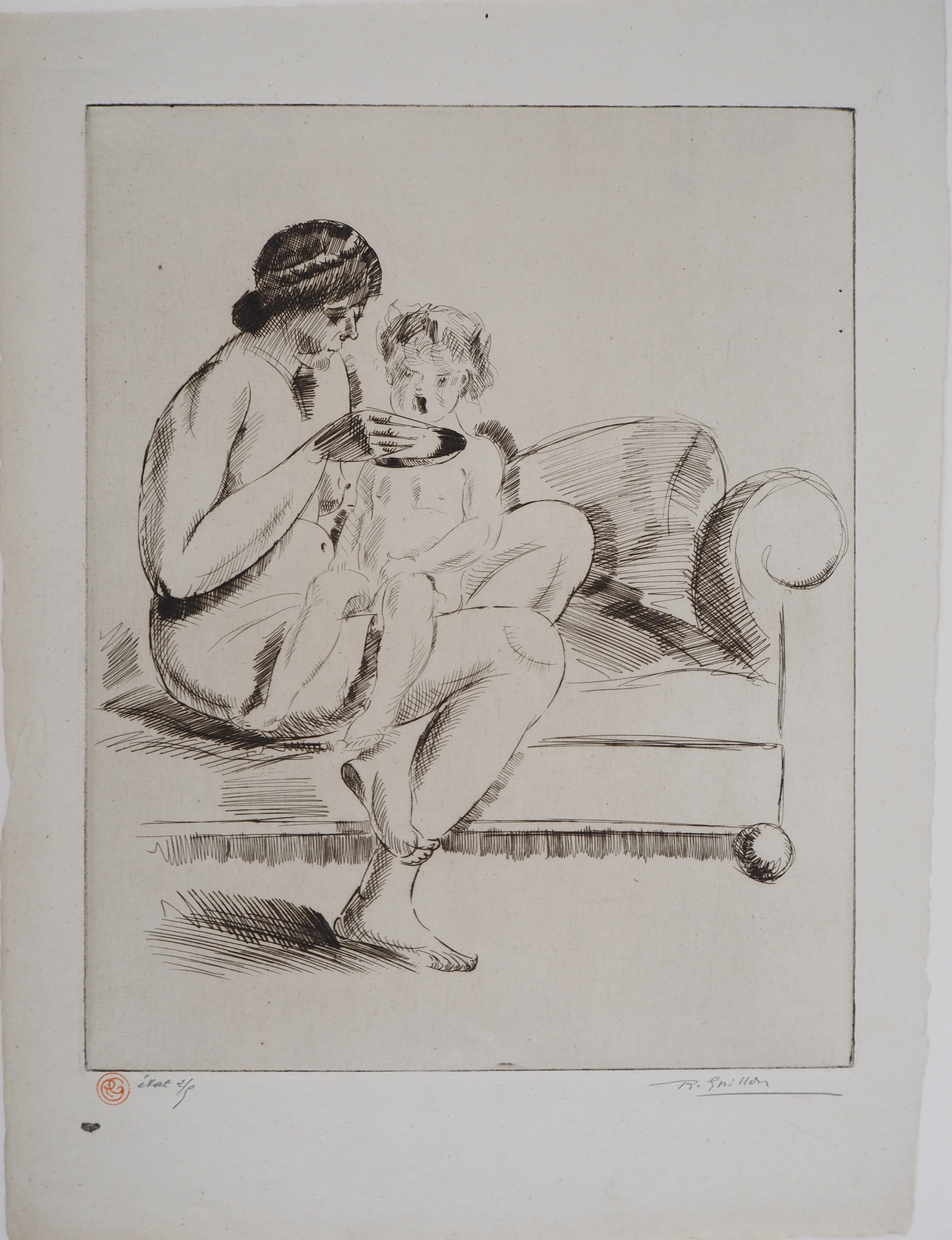 Roger GRILLON - Maternité, vers 1930 - Gravure originale, signée