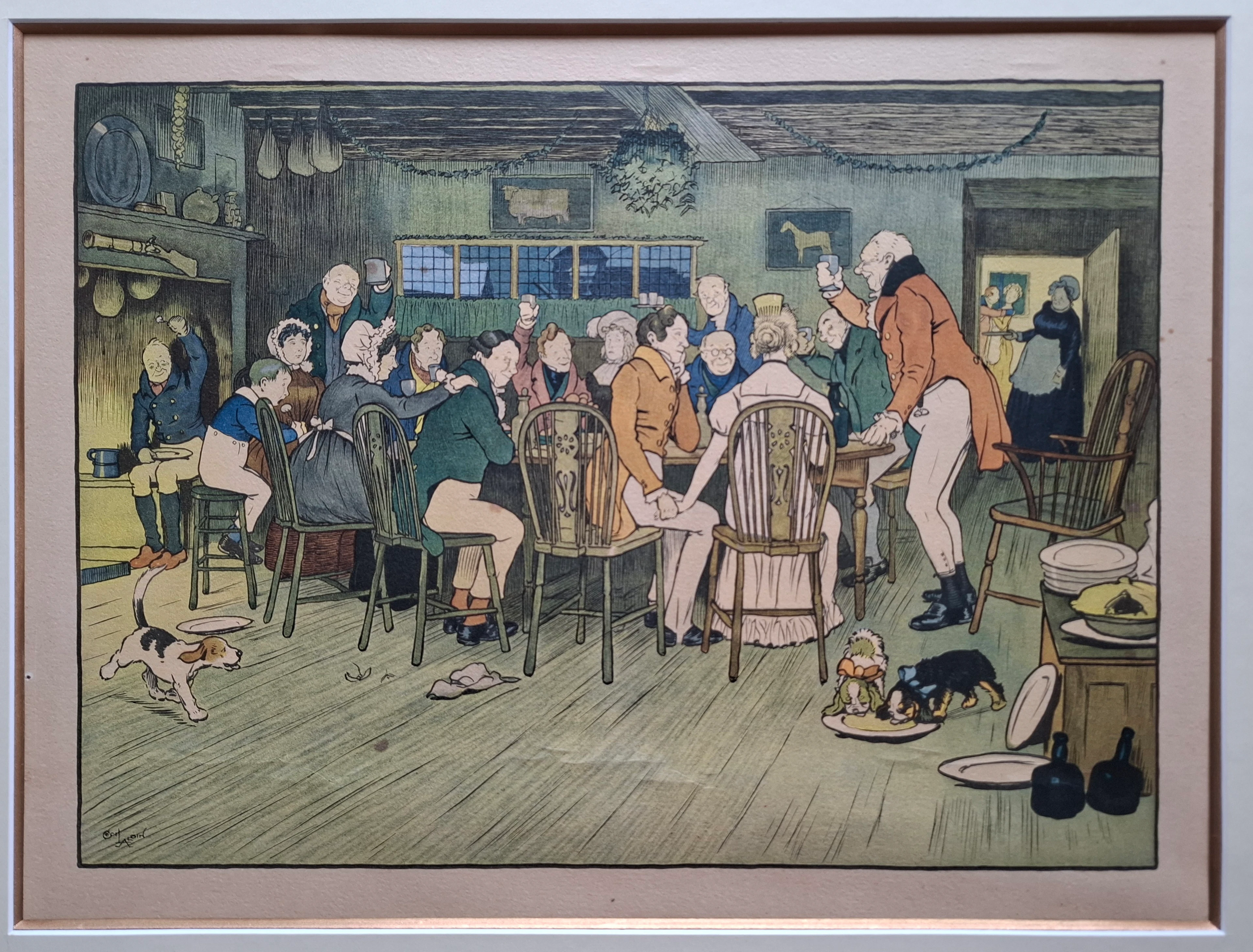 Cecil ALDIN - Le dîner de Noël à l’auberge, vers 1900, Estampe couleurs