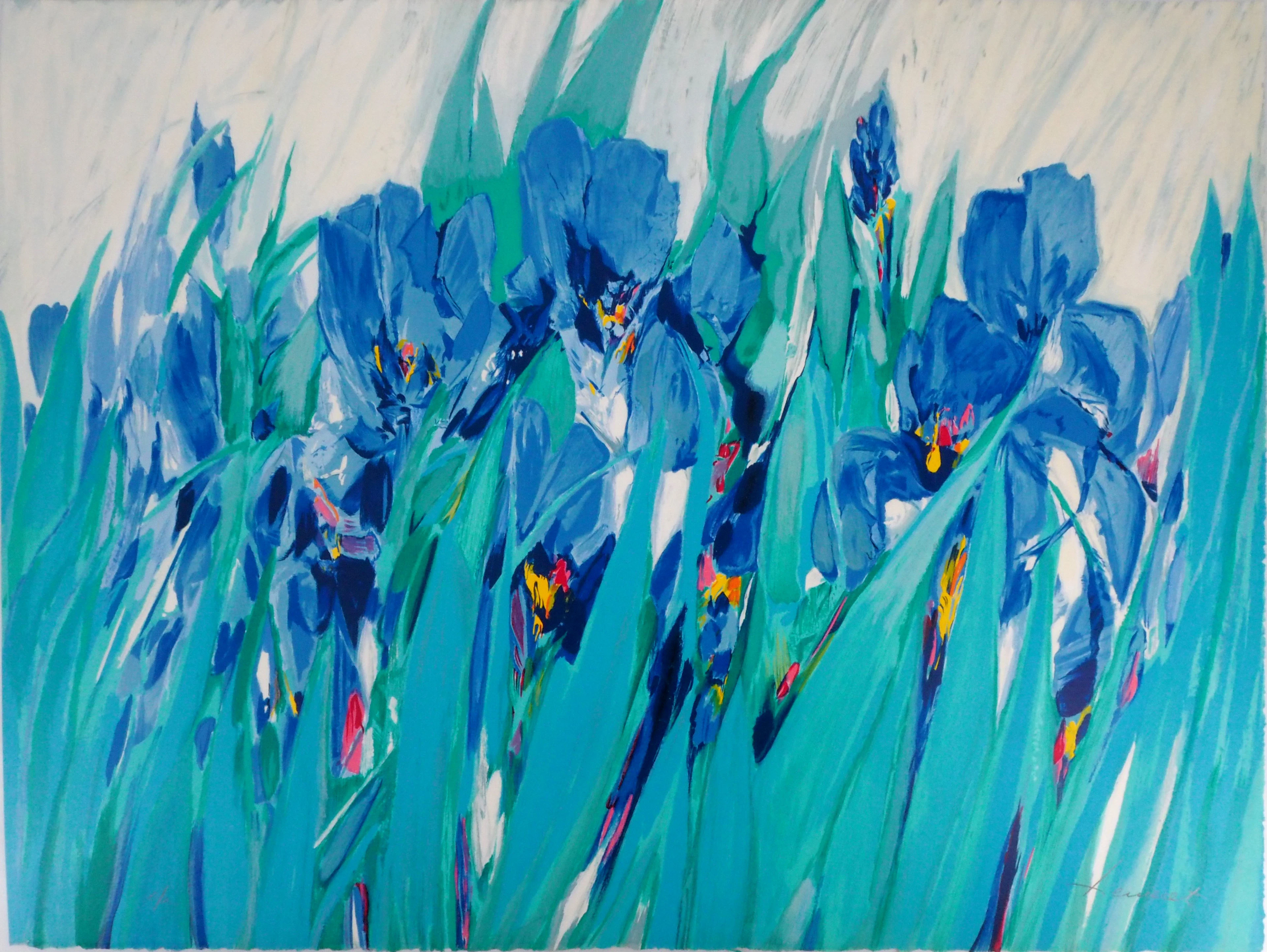 Claude HEMERET : Jardin, les iris bleus - Lithographie Originale Signée