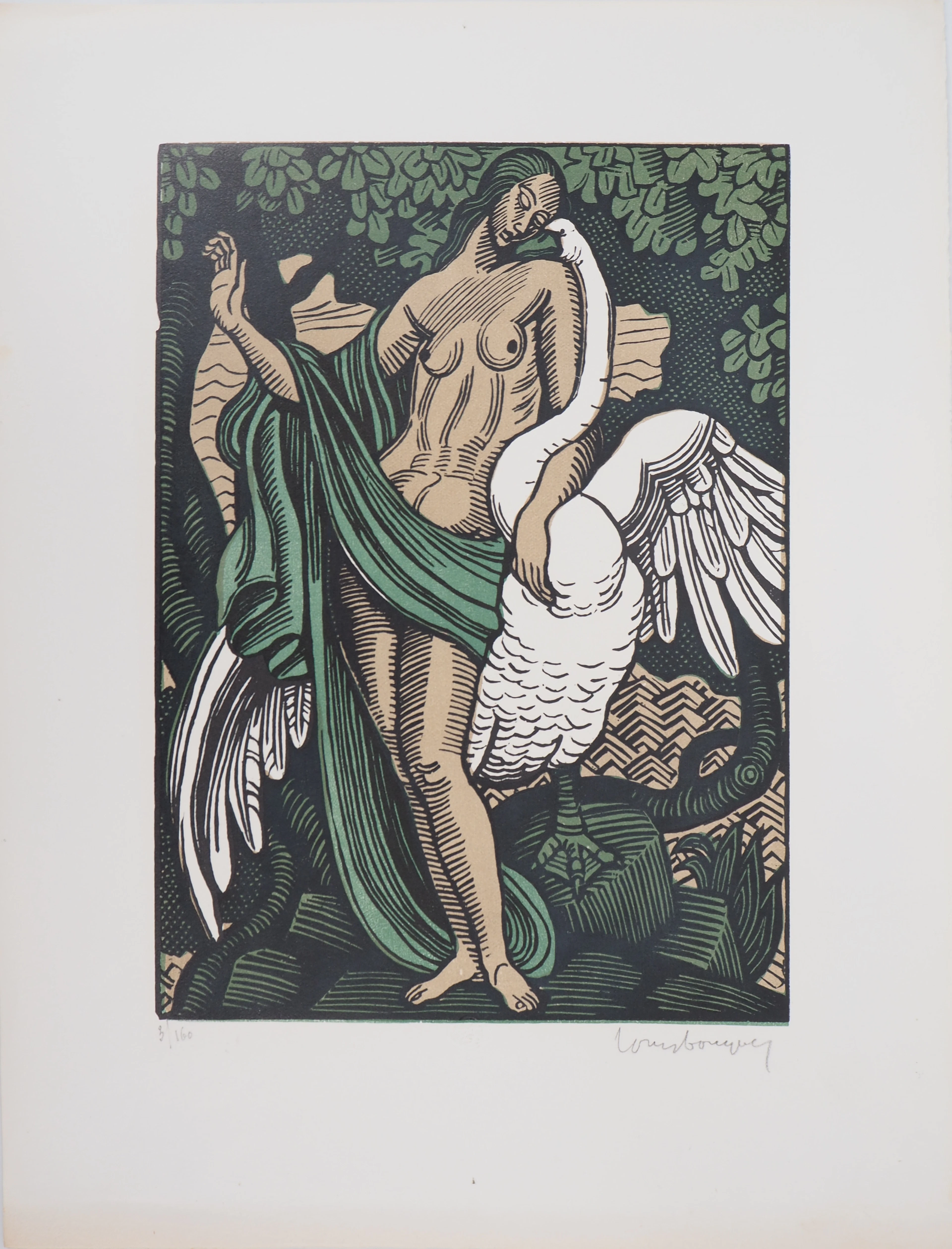 Louis BOUQUET: Mythologie, Léga et le cygne - Bois gravé original signé