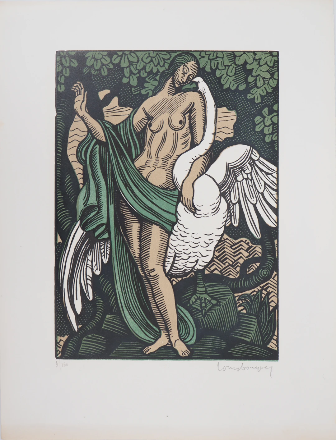 Louis BOUQUET: Mythologie, Léga et le cygne - Bois gravé original signé