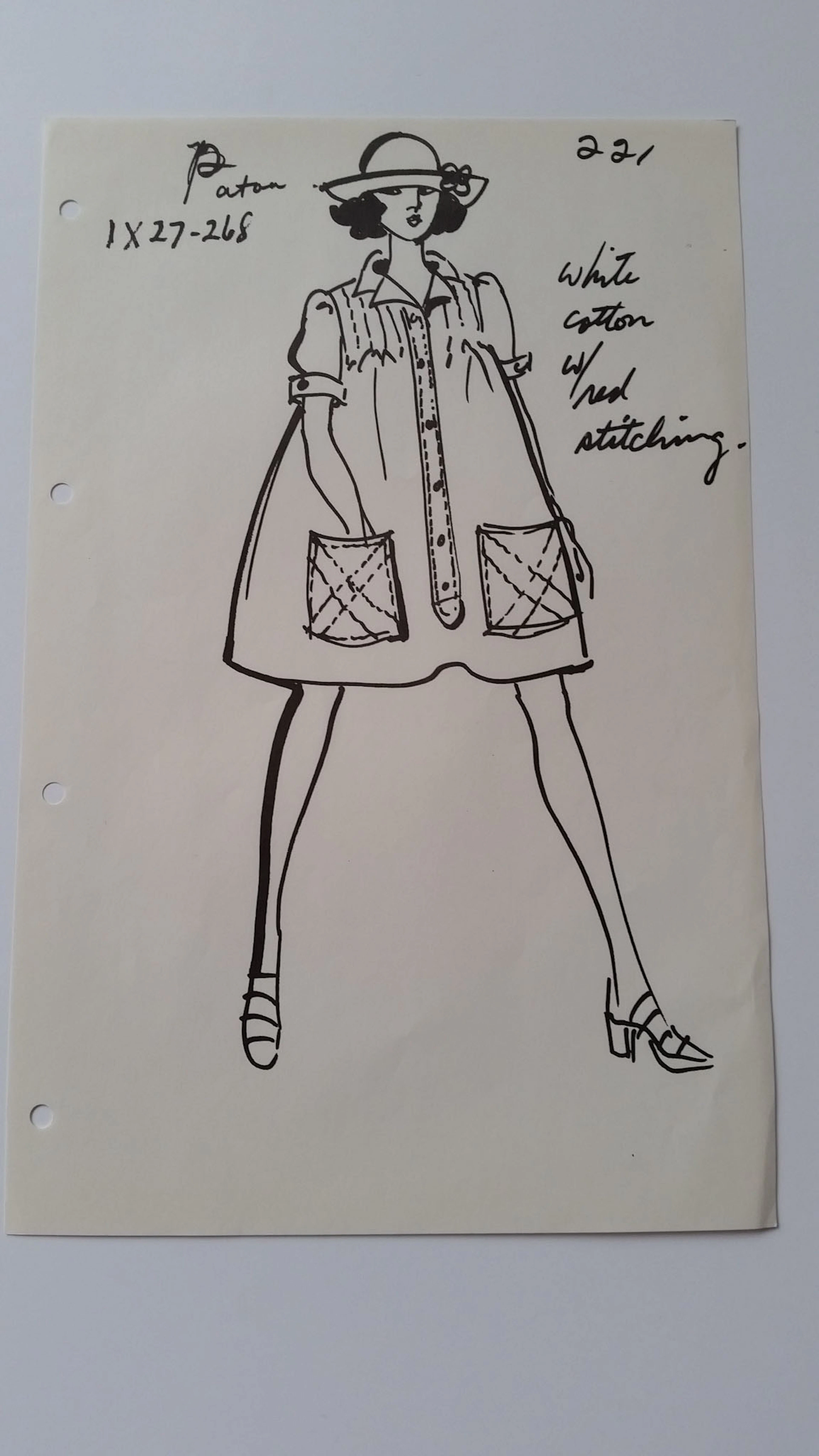 Jean Patou - Croquis robe - white cotton with red stitching