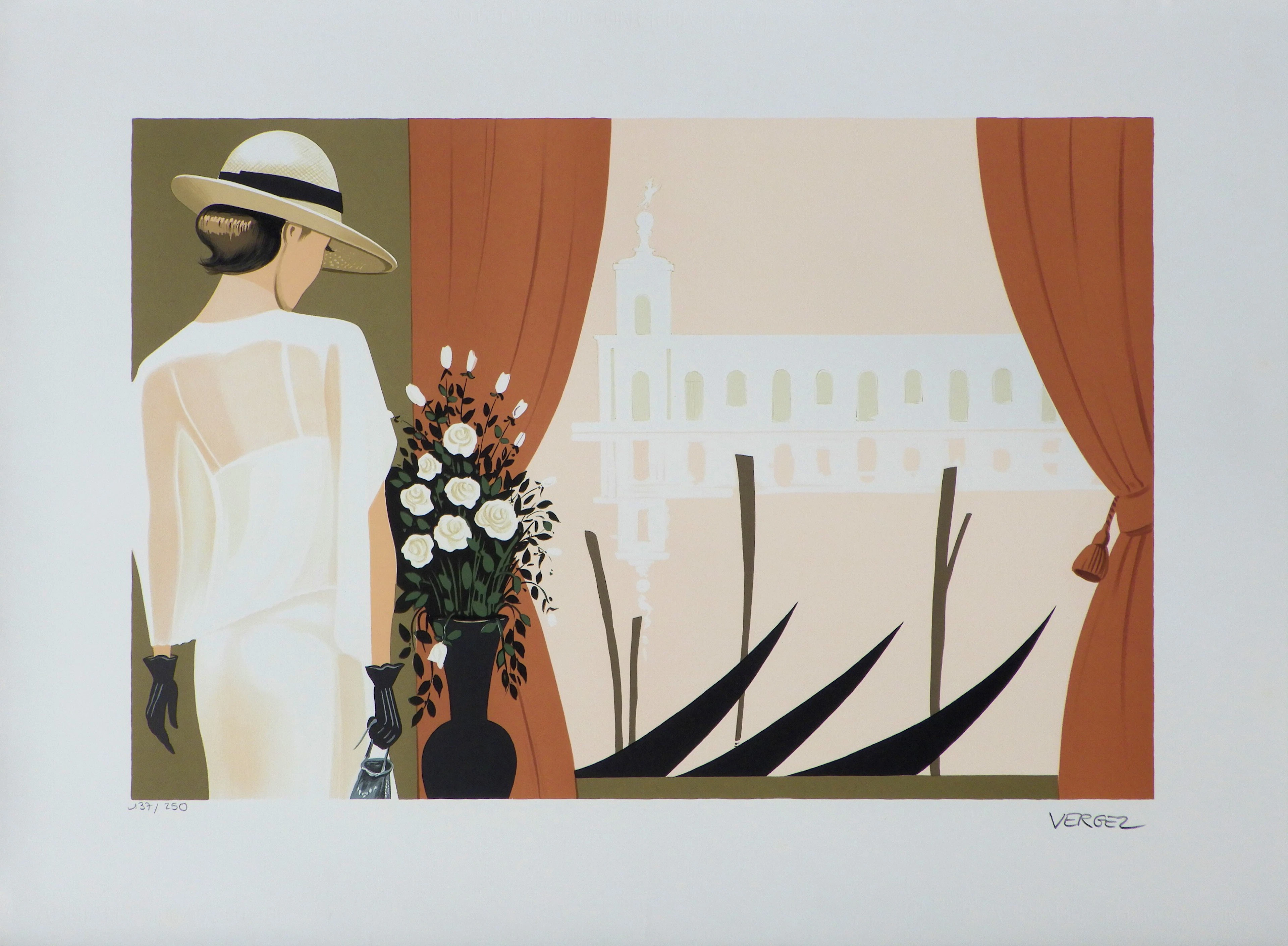 Serge VERGEZ : Elégante à Venise - Lithographie originale signée, 1982