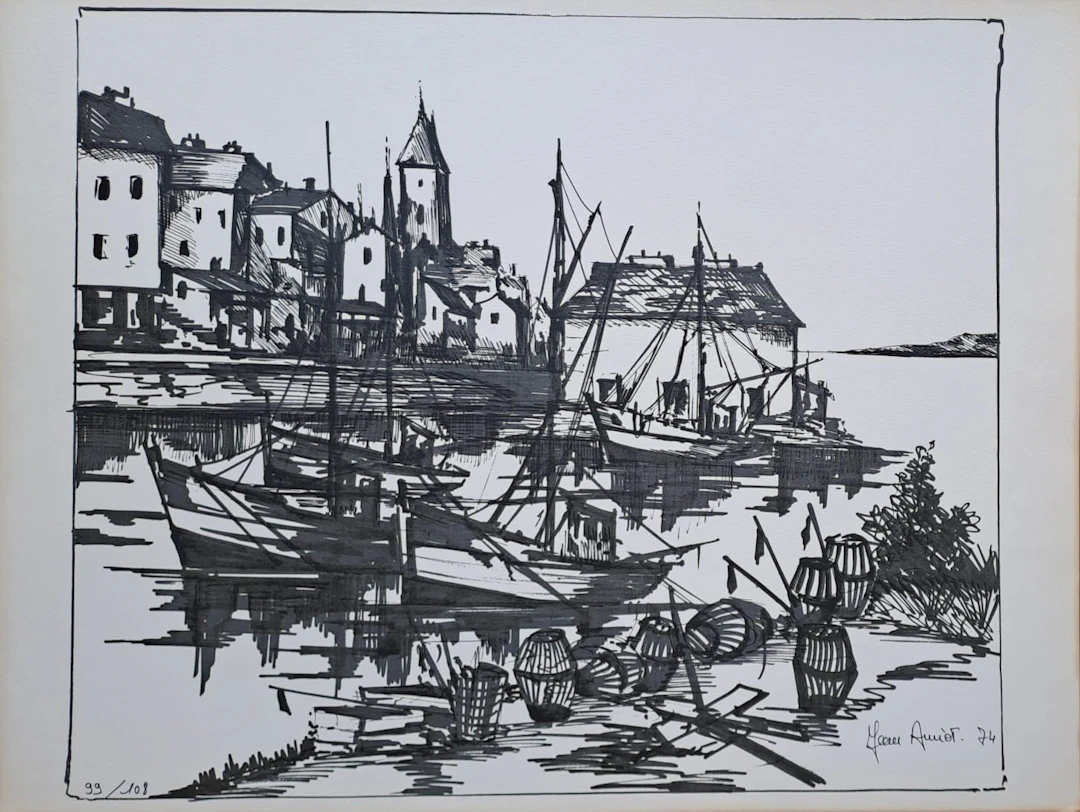 Jean Amiot - Bateaux au port, 1974 - Lithographie originale signée au crayon