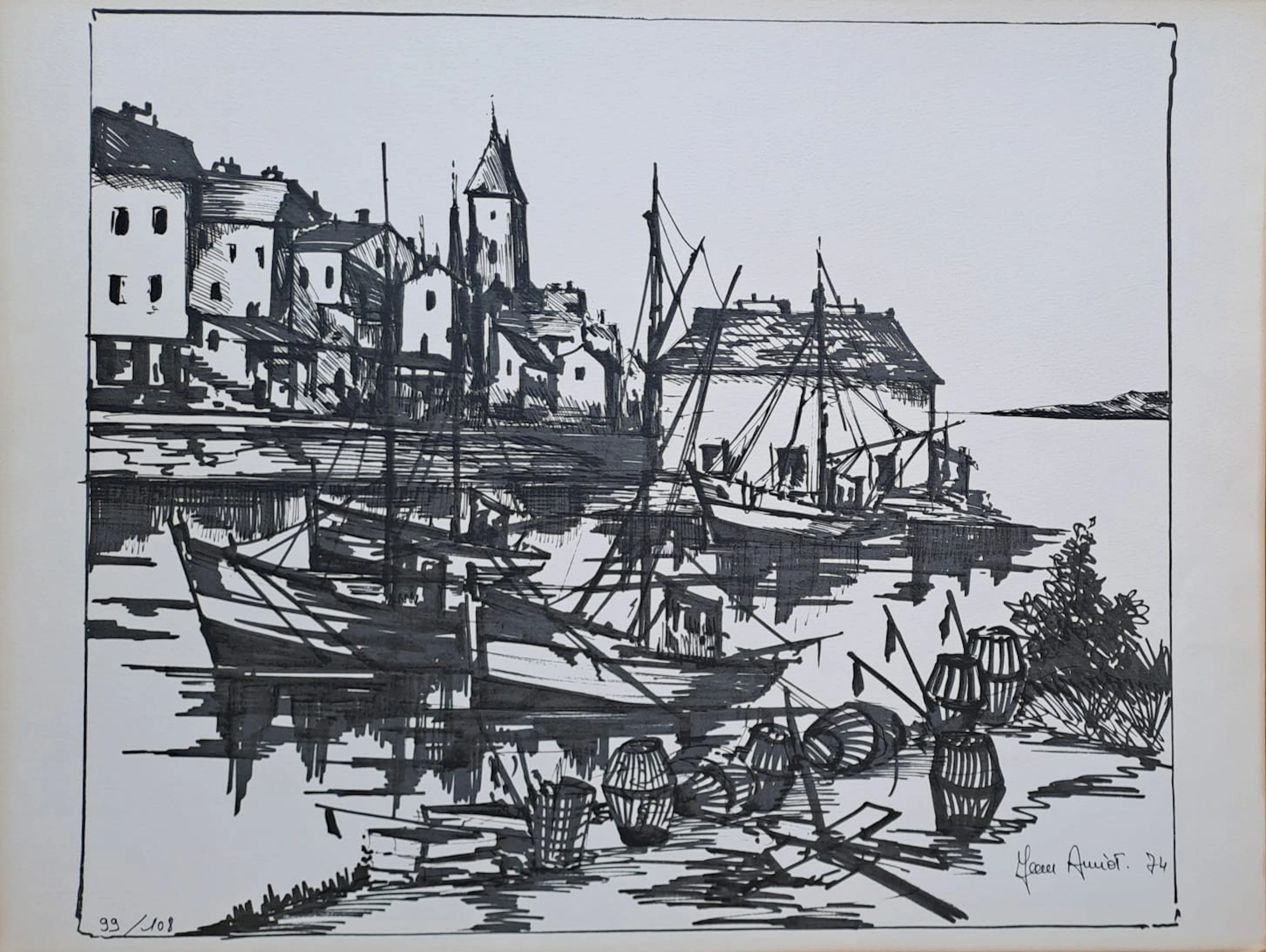 Jean Amiot - Bateaux au port, 1974 - Lithographie originale signée au crayon