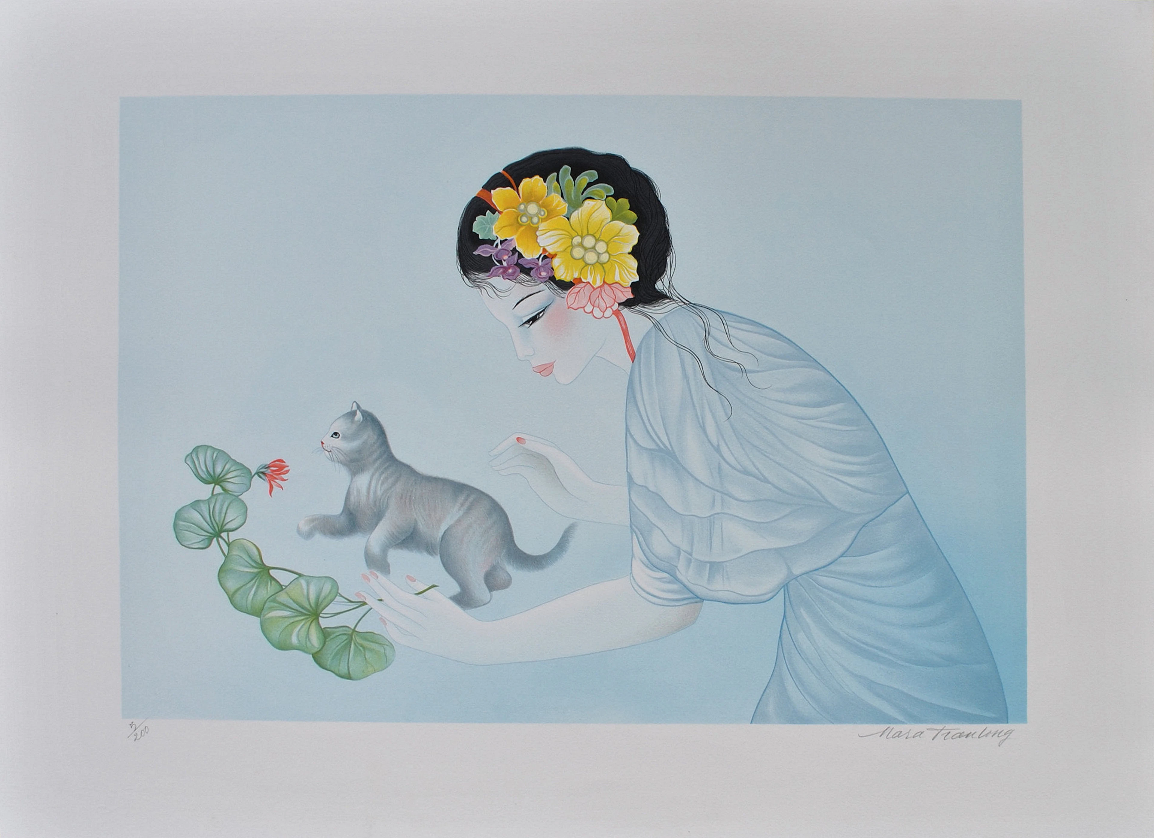 Mara TRAN LONG : Geisha au chaton, Lithographie originale signée au crayon