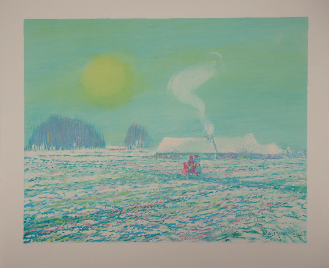 Claude MANOUKIAN - Normandie : Champ sous la neige - Lithographie