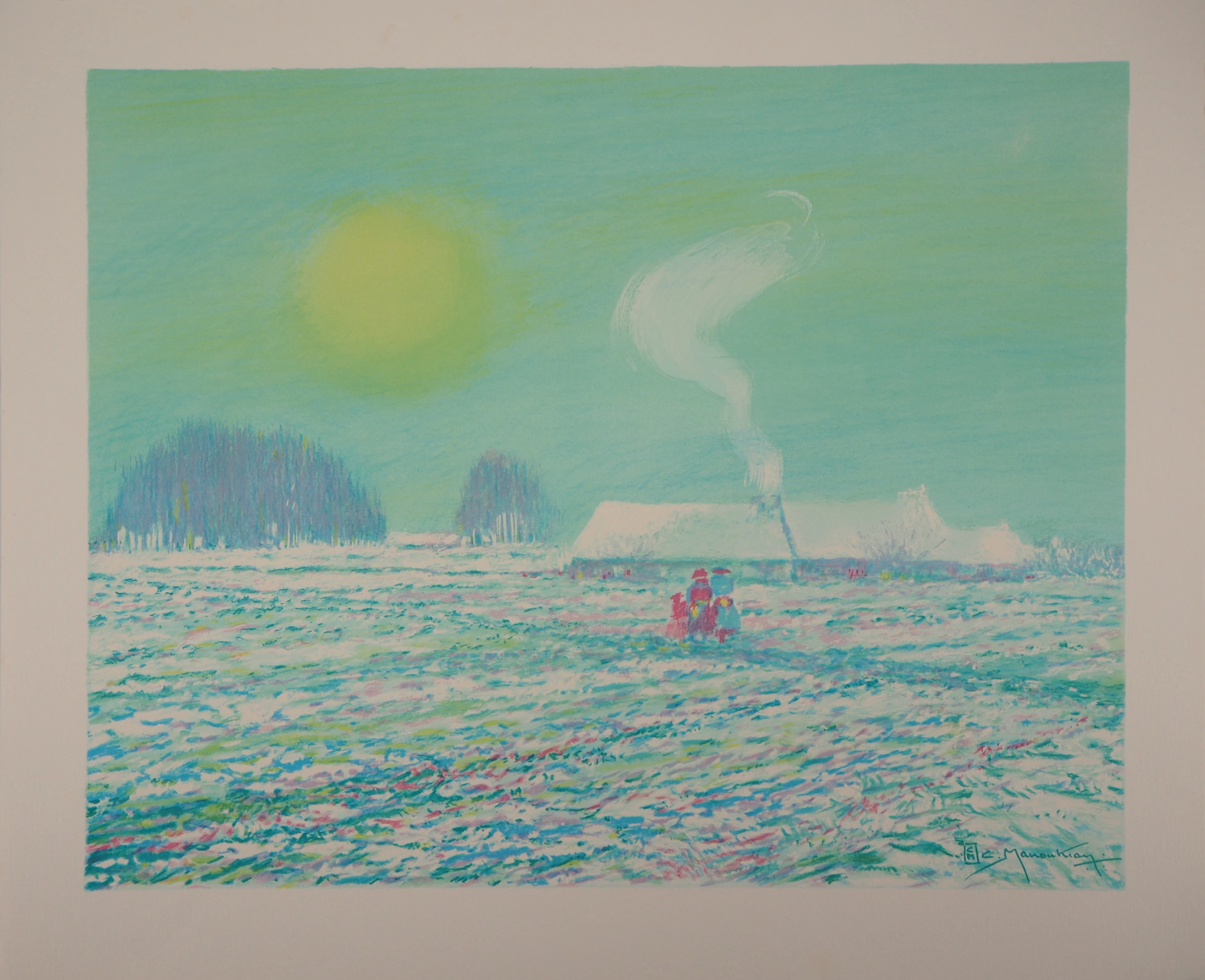 Claude MANOUKIAN - Normandie : Champ sous la neige - Lithographie